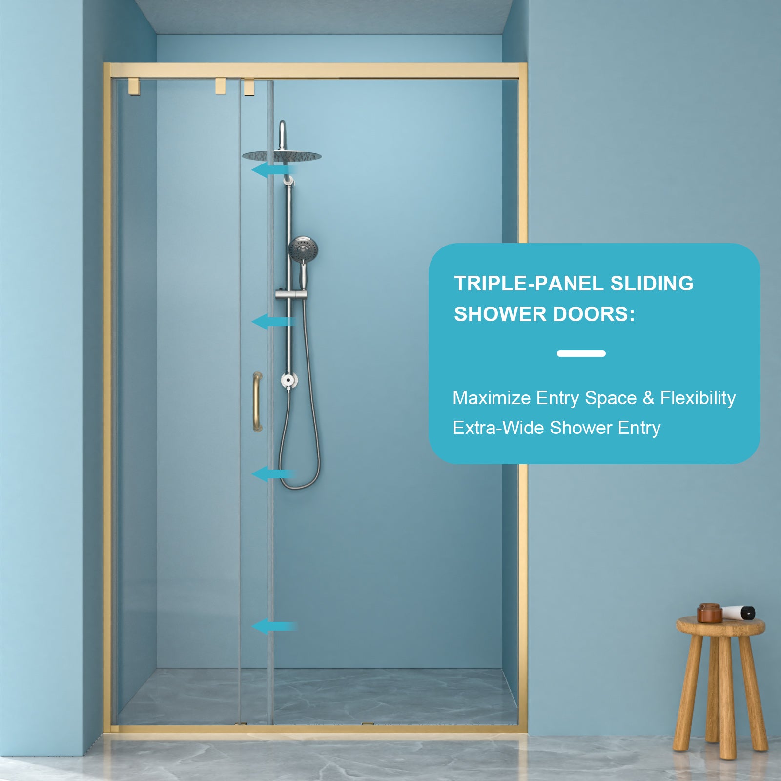 Gold sliding shower door hardware and rail close-up view