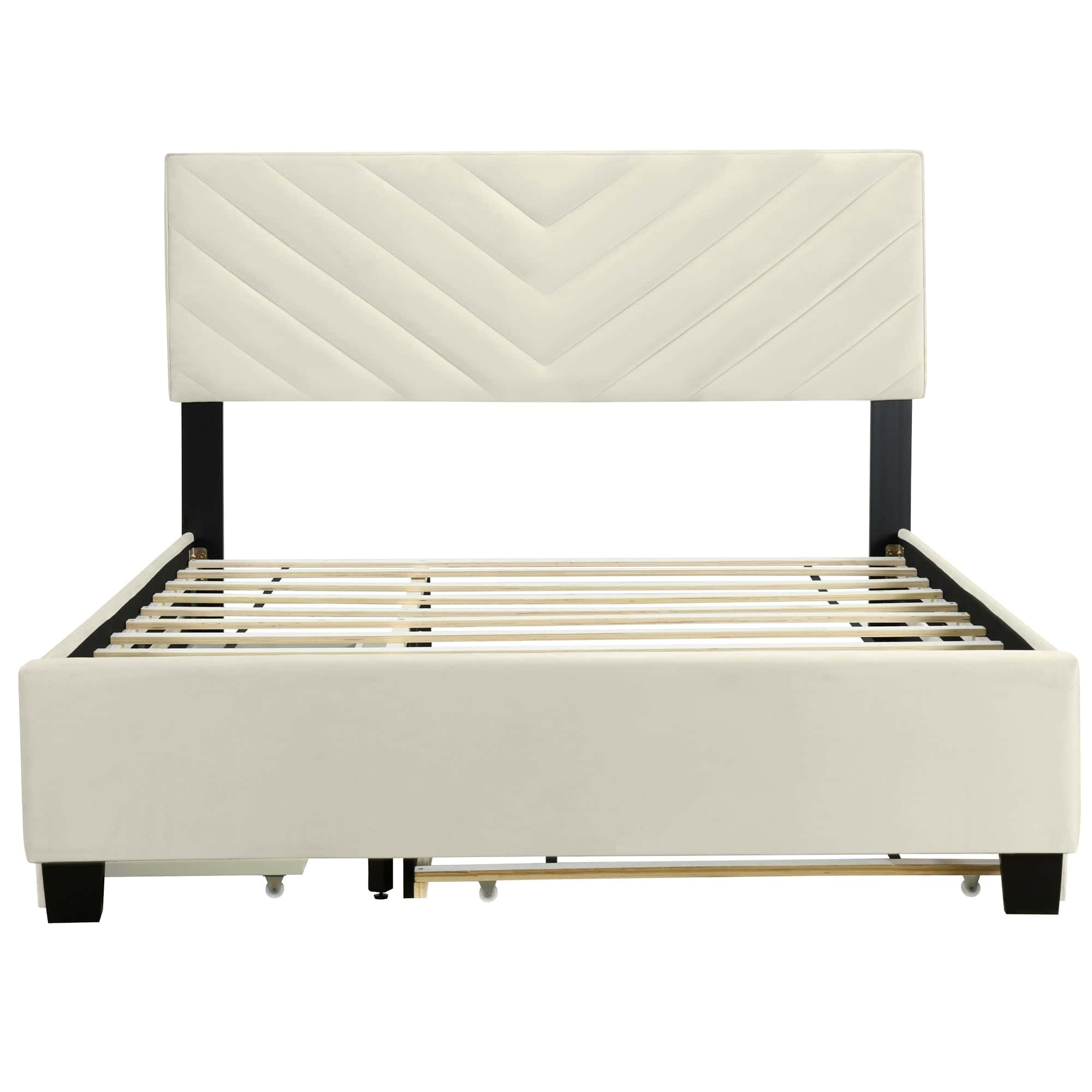 Queen Size Upholstered Platform Bed with Twill Headboard, Pullout Bed and Two Drawers, Flannel, Beige