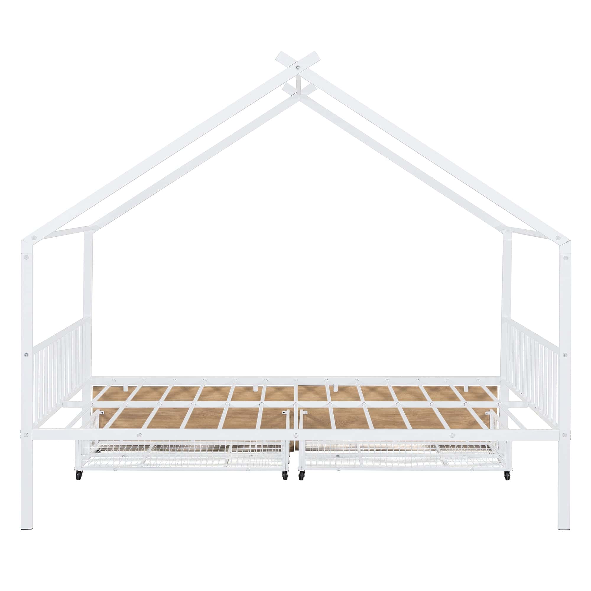 Full Size Metal House Bed with Two Drawers, White