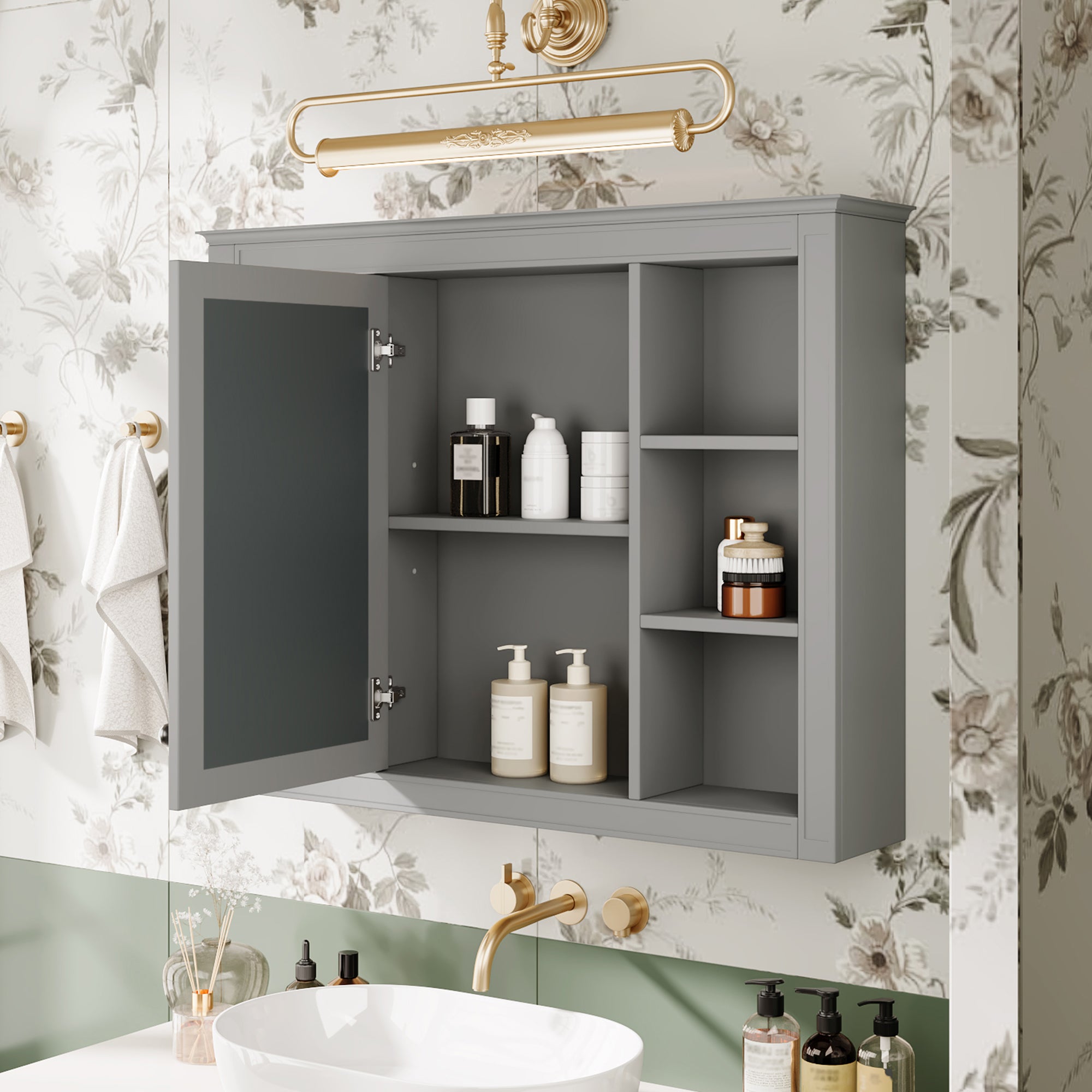 35 x 28 inch mirror medicine cabinet with open shelves, side view