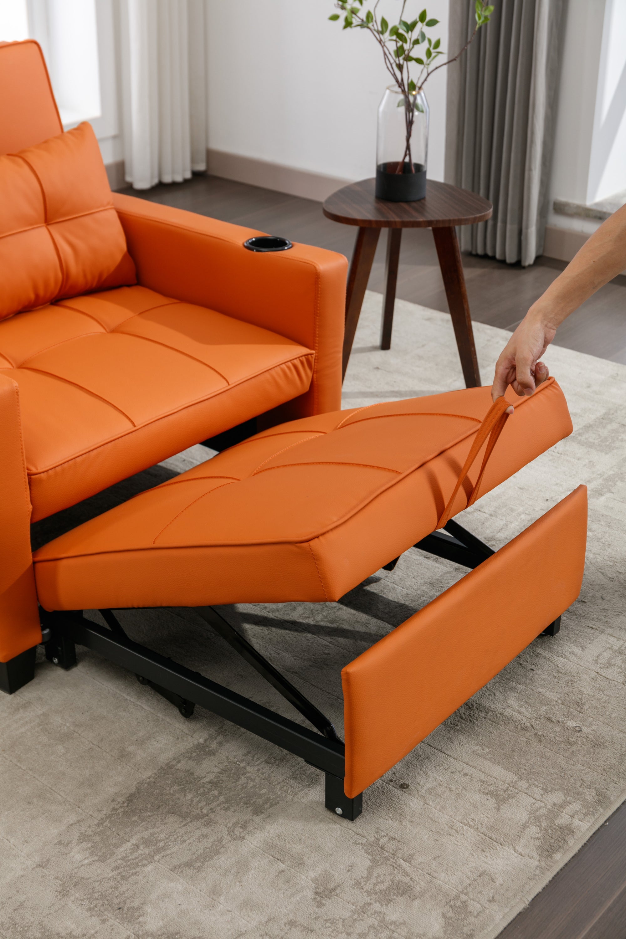 Futon Chair Bed Convertible Chair 3-in-1 Pull Out Sleeper Chair Beds with USB Ports,Wear-resistant and Anti-scratch, Armchair Bed Sleeper for Living Room (Orange Leather)