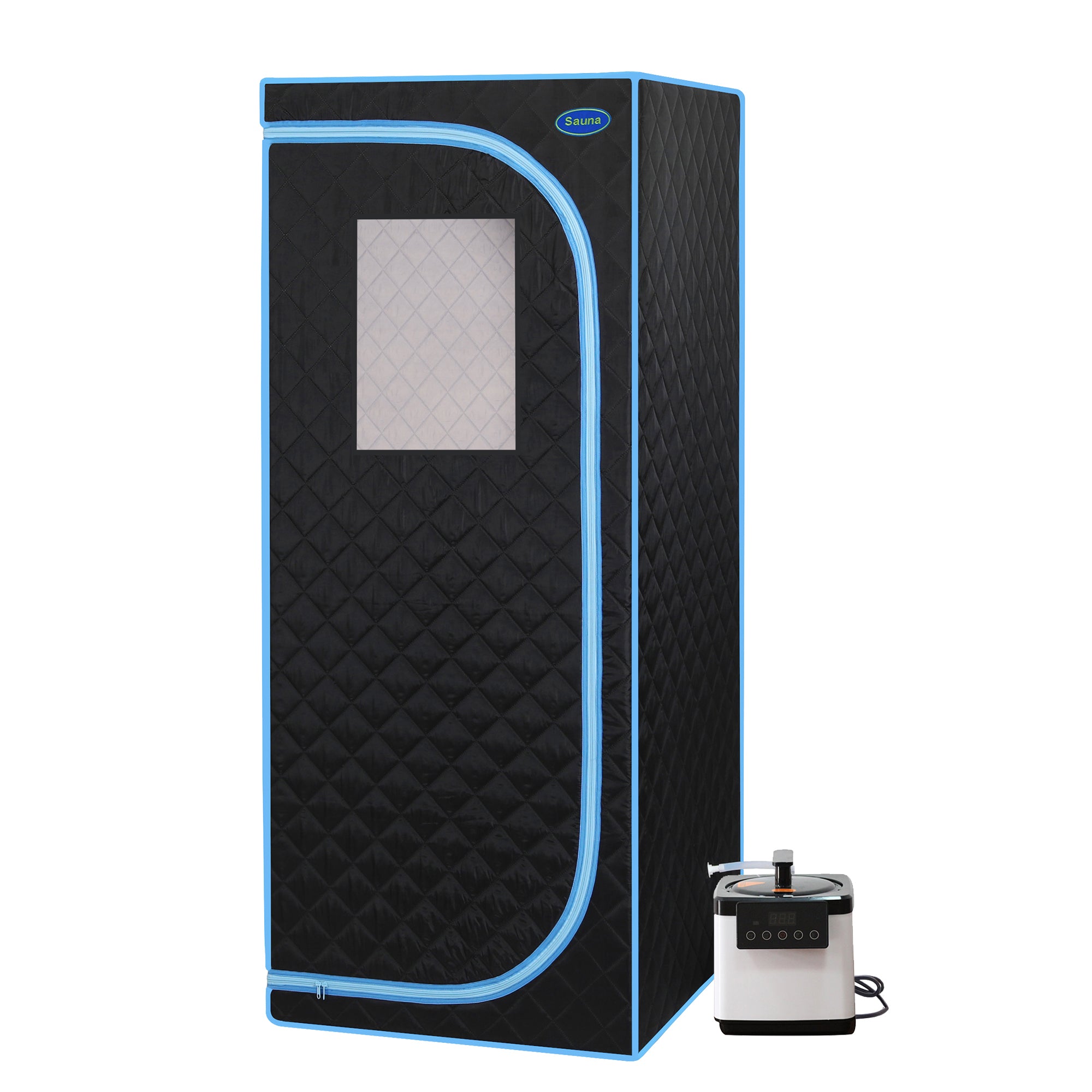 Portable Plus Type Full Size Steam Sauna tent. Spa, Detox ,Therapy and Relaxation at home.Larger Space,Stainless Steel Pipes Connector Easy to Install, with FCC Certification--Black(Blue binding)