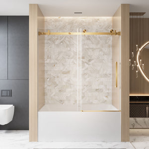 56-60 x 60 in Frameless Single Sliding Square-Tube Tub Door - 56-60 x 60 in / Brushed Gold / Square Tube view 1