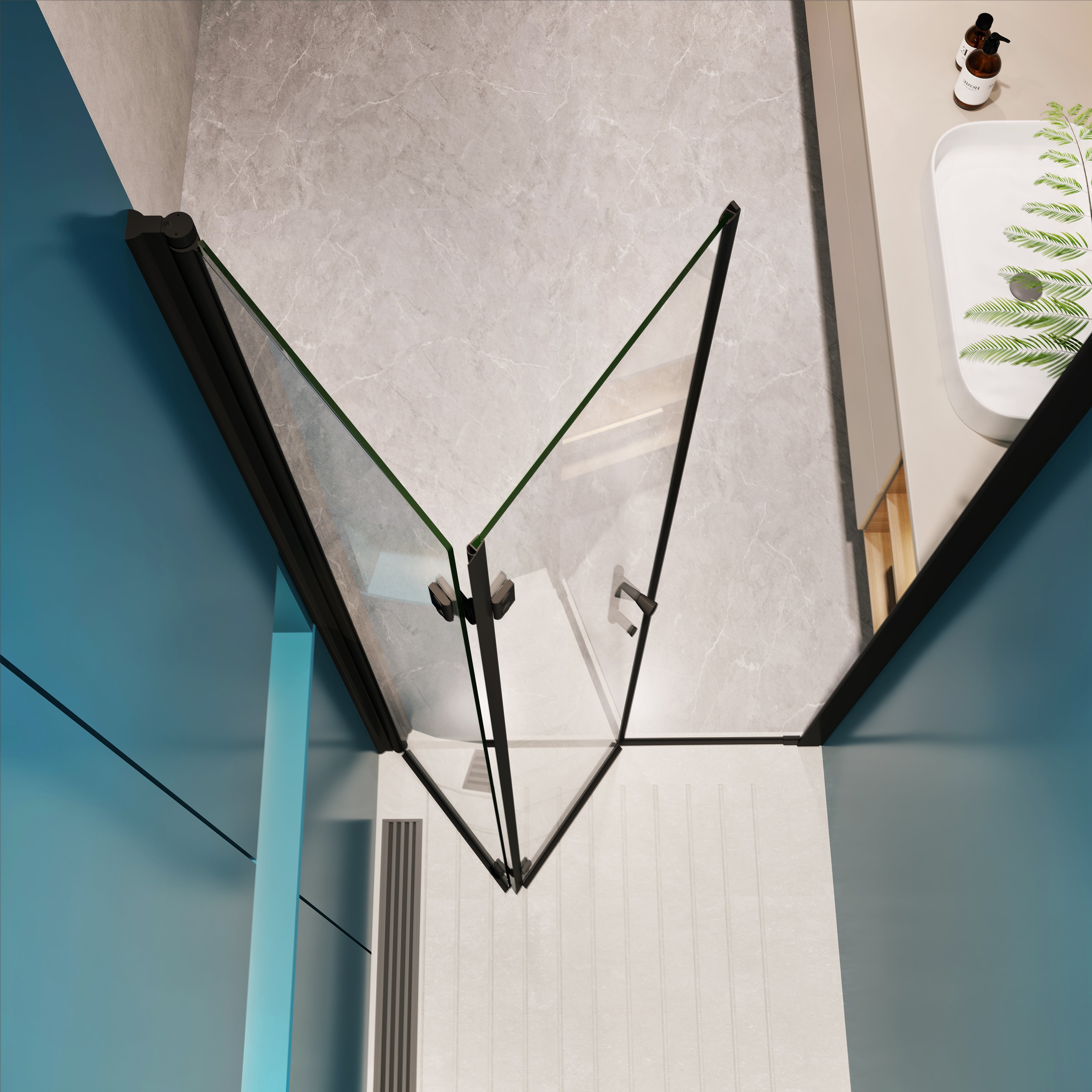 32-33 x 72 in matte black pivot shower door detail view