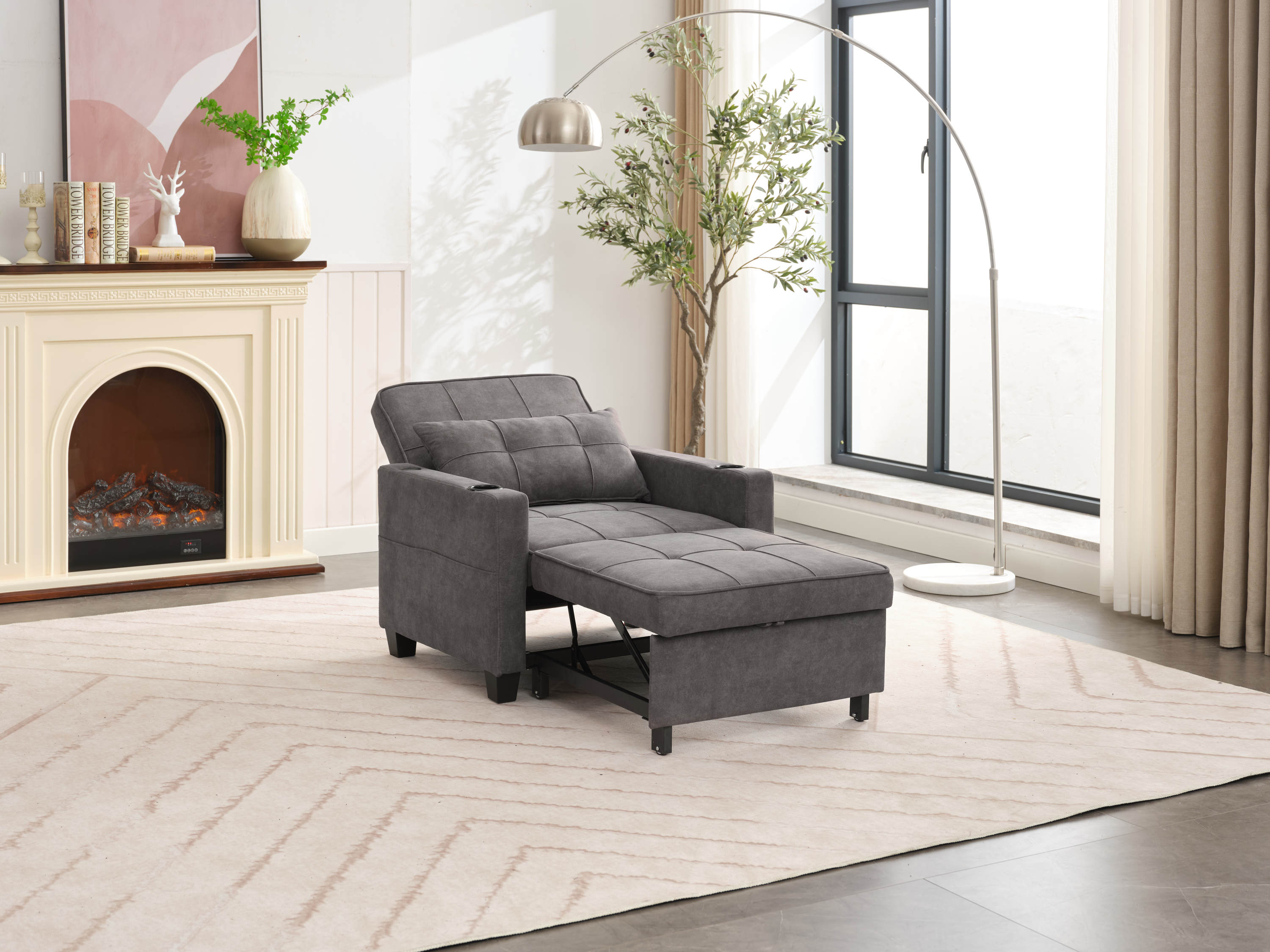 Futon Chair Bed Convertible Chair 3-in-1 Pull Out Sleeper Chair Beds with USB Ports,Wear-resistant and Anti-scratch, Armchair Bed Sleeper for Living Room (Dark Grey Scratch Cloth)