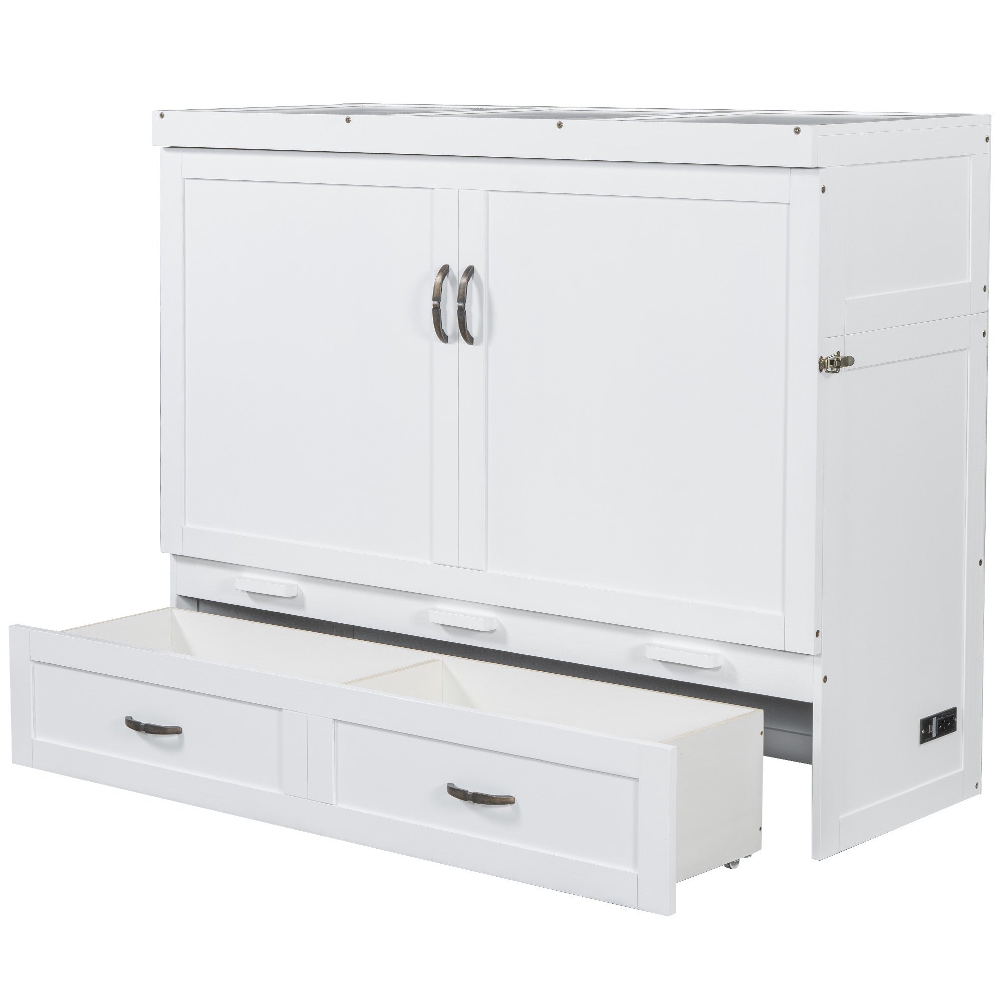 Queen Size Murphy Bed with USB Ports, Large Drawers and Metal Handles, White
