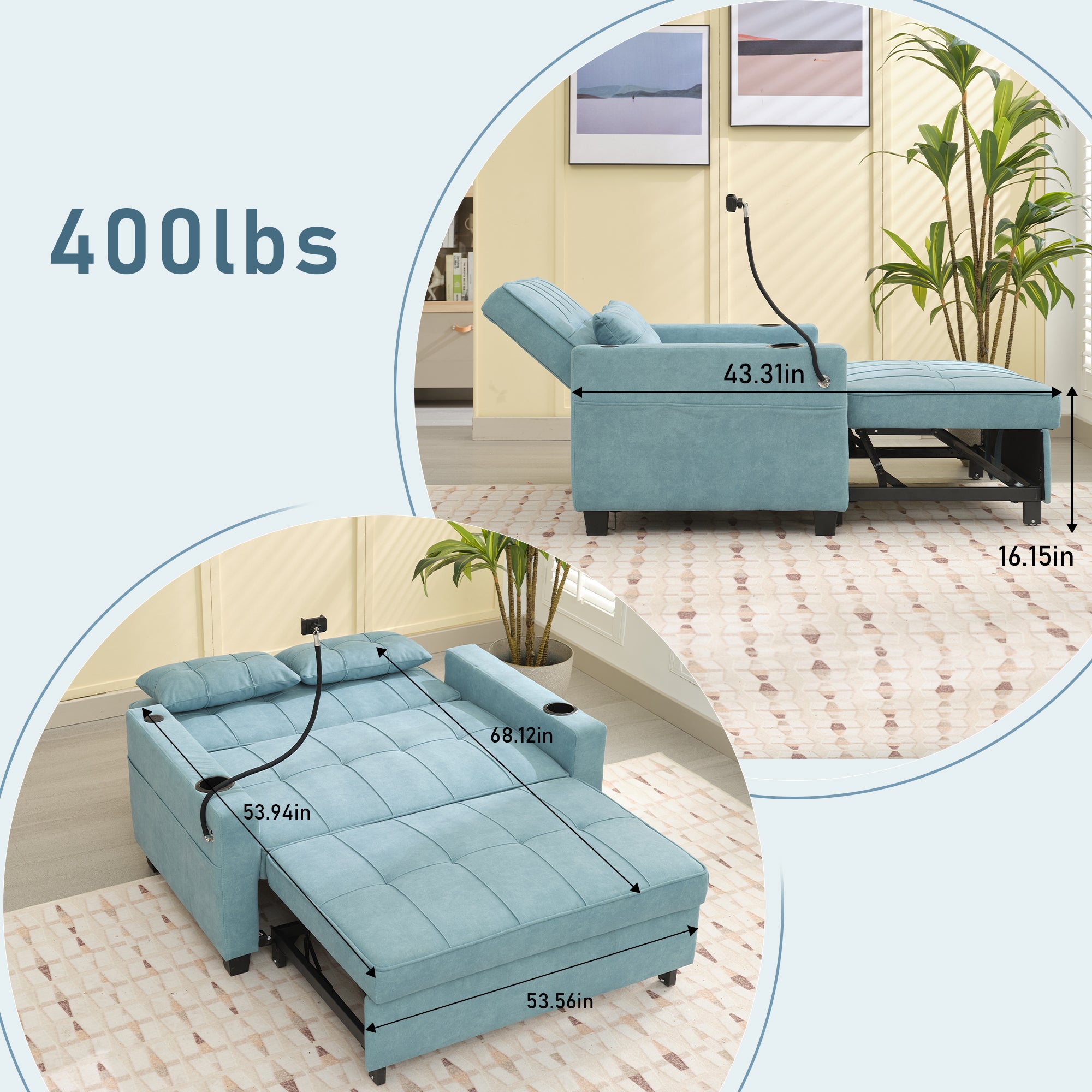 Futon Chair Bed Convertible Chair 3-in-1 Pull Out Sleeper Chair Beds with USB Ports,Wear-resistant and Anti-scratch, Armchair Bed Sleeper for Living Room (Green Tech cloth)