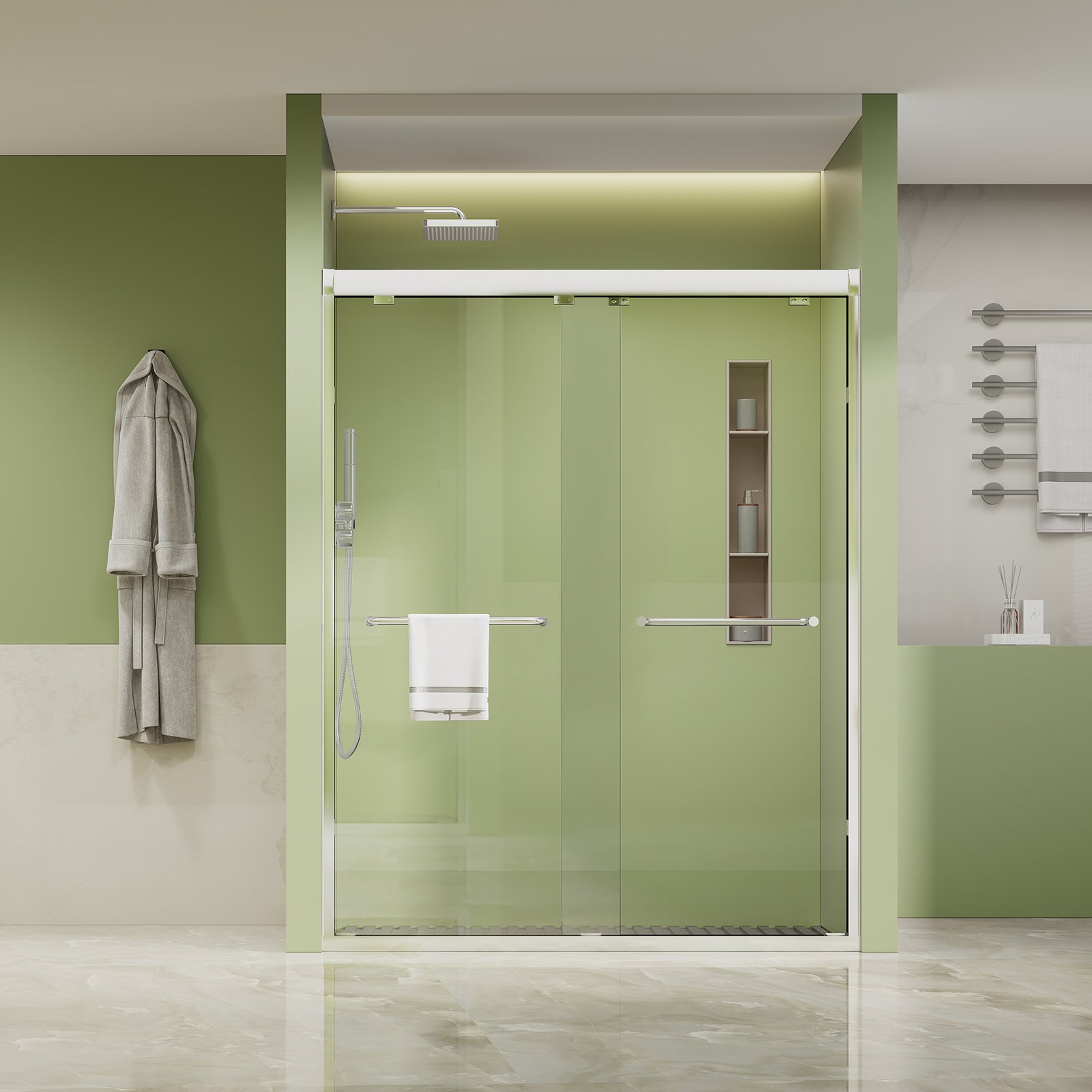 Framed Both Sliding Glass Shower Doors 60" Width x 76"Height with 1/4"(6mm) Clear Tempered Glass, Silver Finish, Big Rollers, Square Rail, Self-cleaning coating on both sides