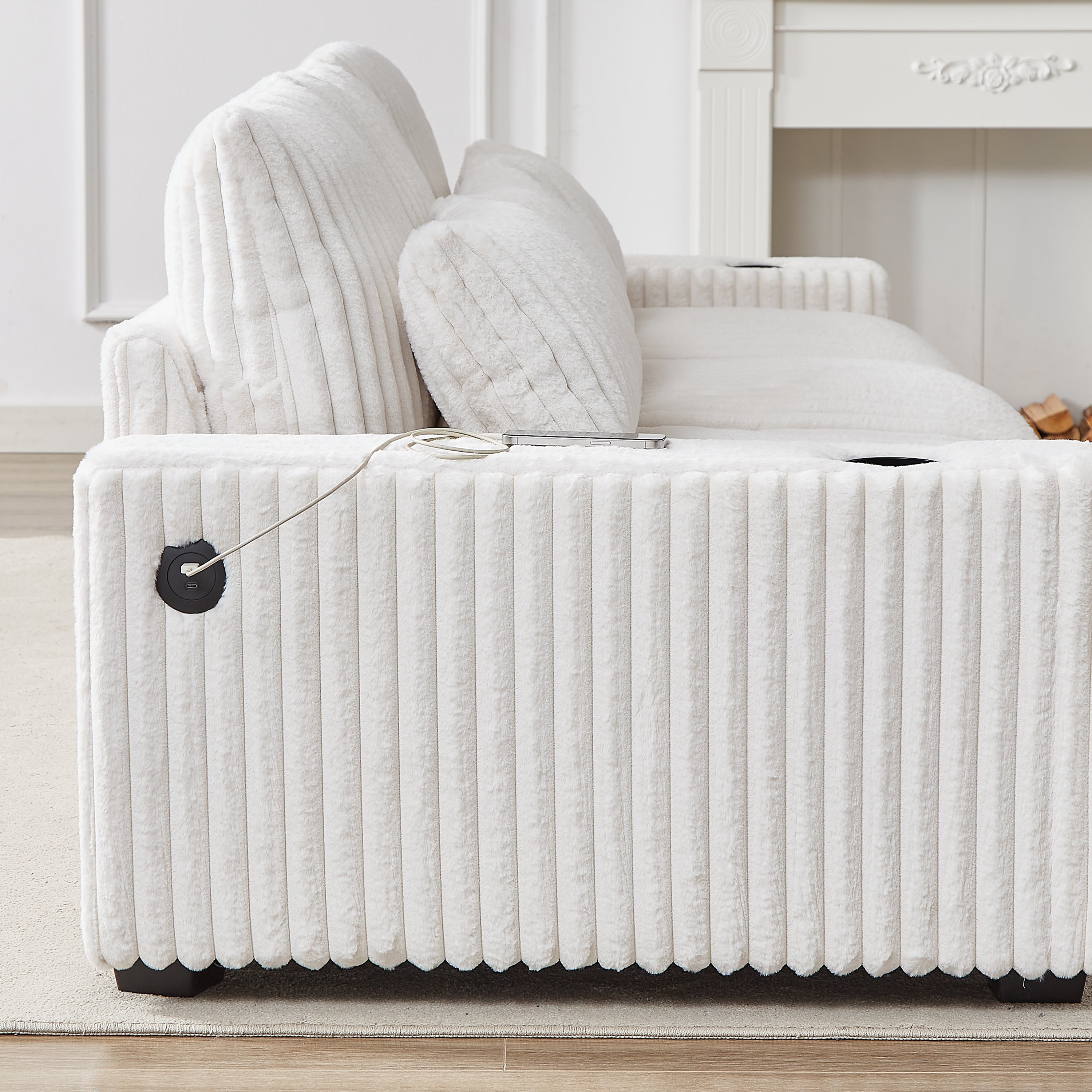 126-inch Corduroy With Cup Holder Super Large L-Shaped Sofa, Movable Footrest, Four Waist Pillows And Four Back Cushion, With USB Port And Type-C Port