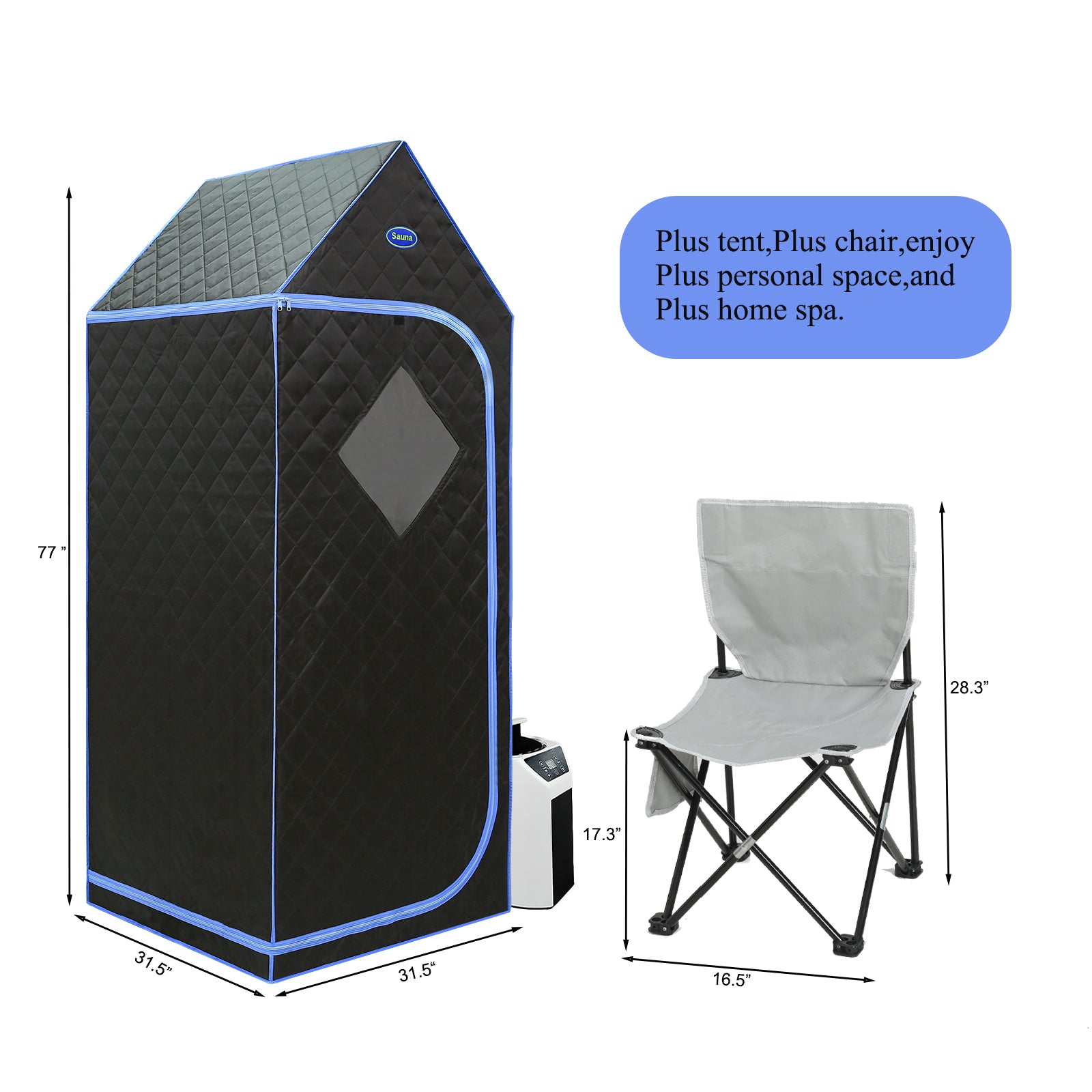 Portable Gothic Roof Plus Type Full Size Steam Sauna tent. Spa, Detox ,Therapy and Relaxation at home. Larger Space, Stainless Steel Pipes Connector Easy to Install. FCC Certification--Black