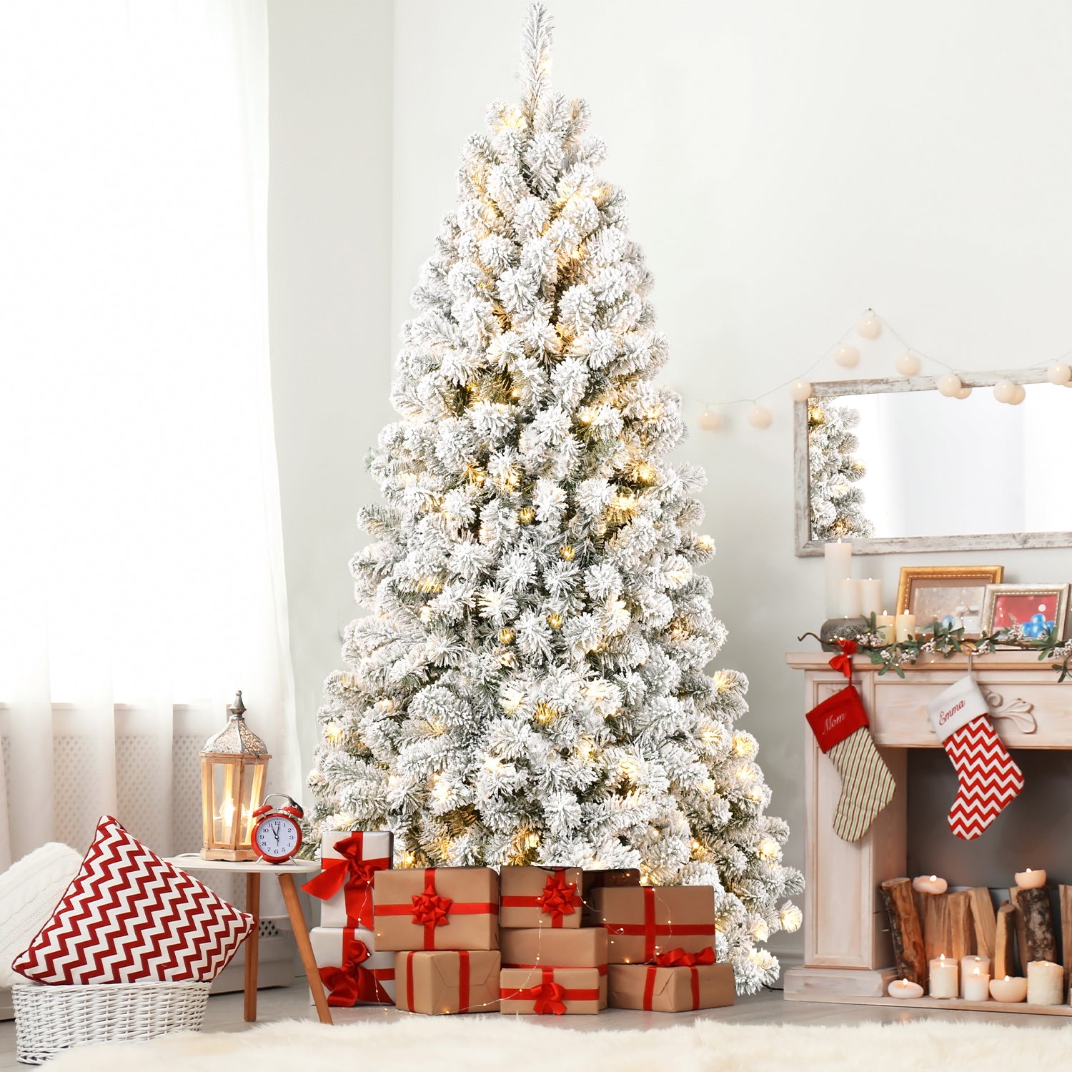 6FT Pre-lit Flocked Christmas Tree with 760 Memory Wire Tips – Effortlessly Fluffed, Perfectly Shaped, and Lit with 300 Warm Incandescent Lights Bringing Lasting Elegance and Wase to Your Holiday