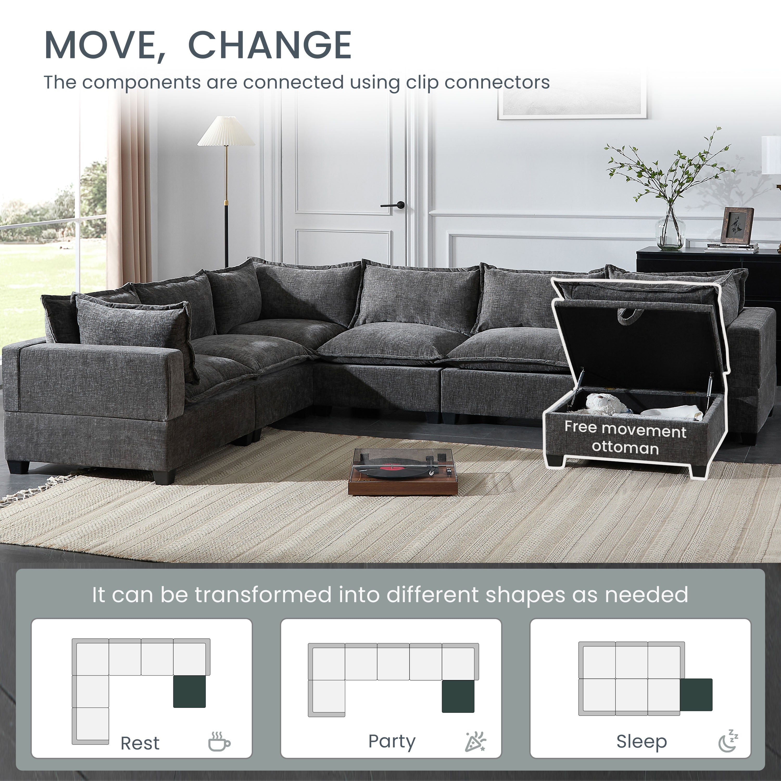 7-seat modular sectional sofa, chenille upholstery, side view