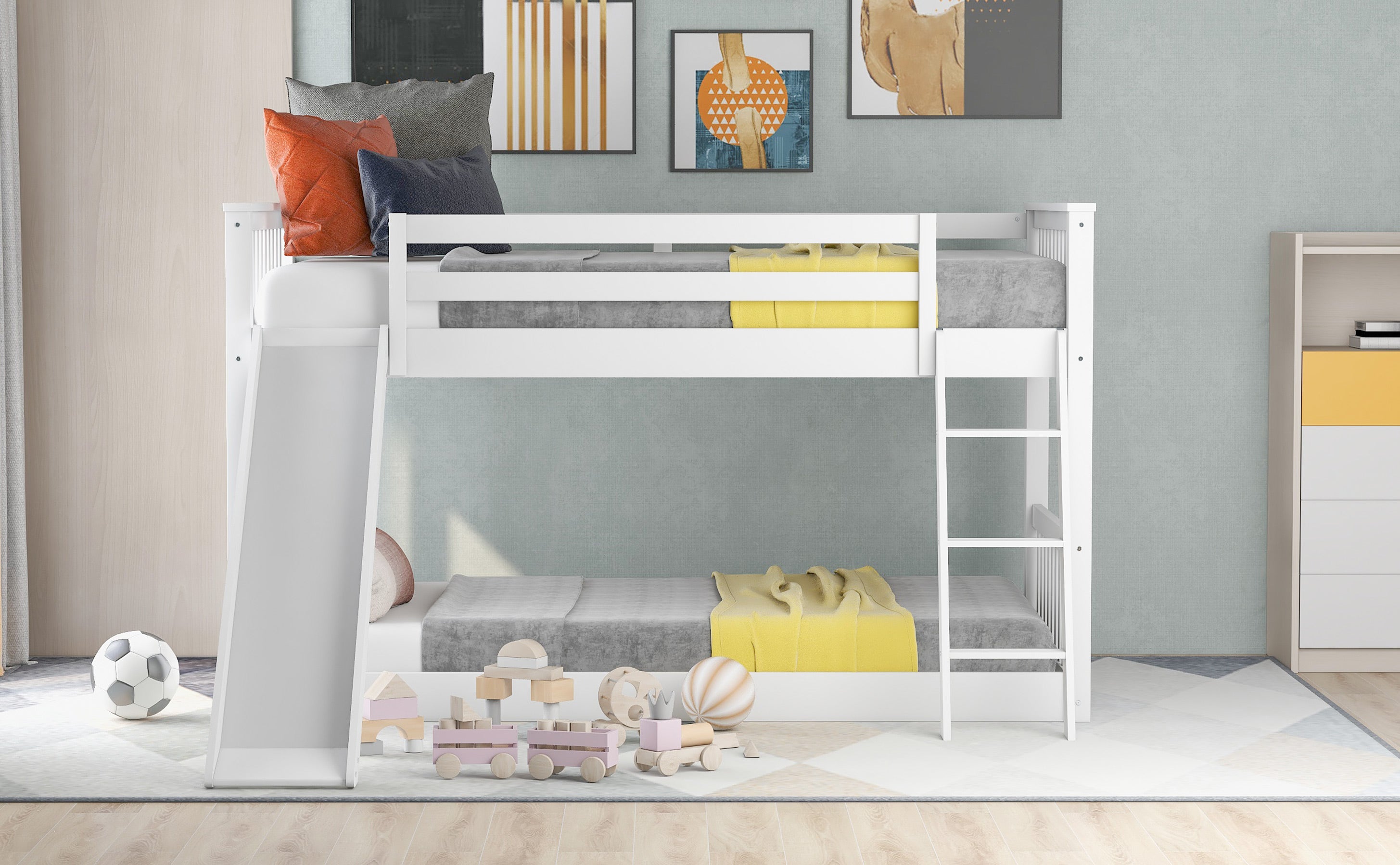 Twin over twin white bunk bed upper bunk view