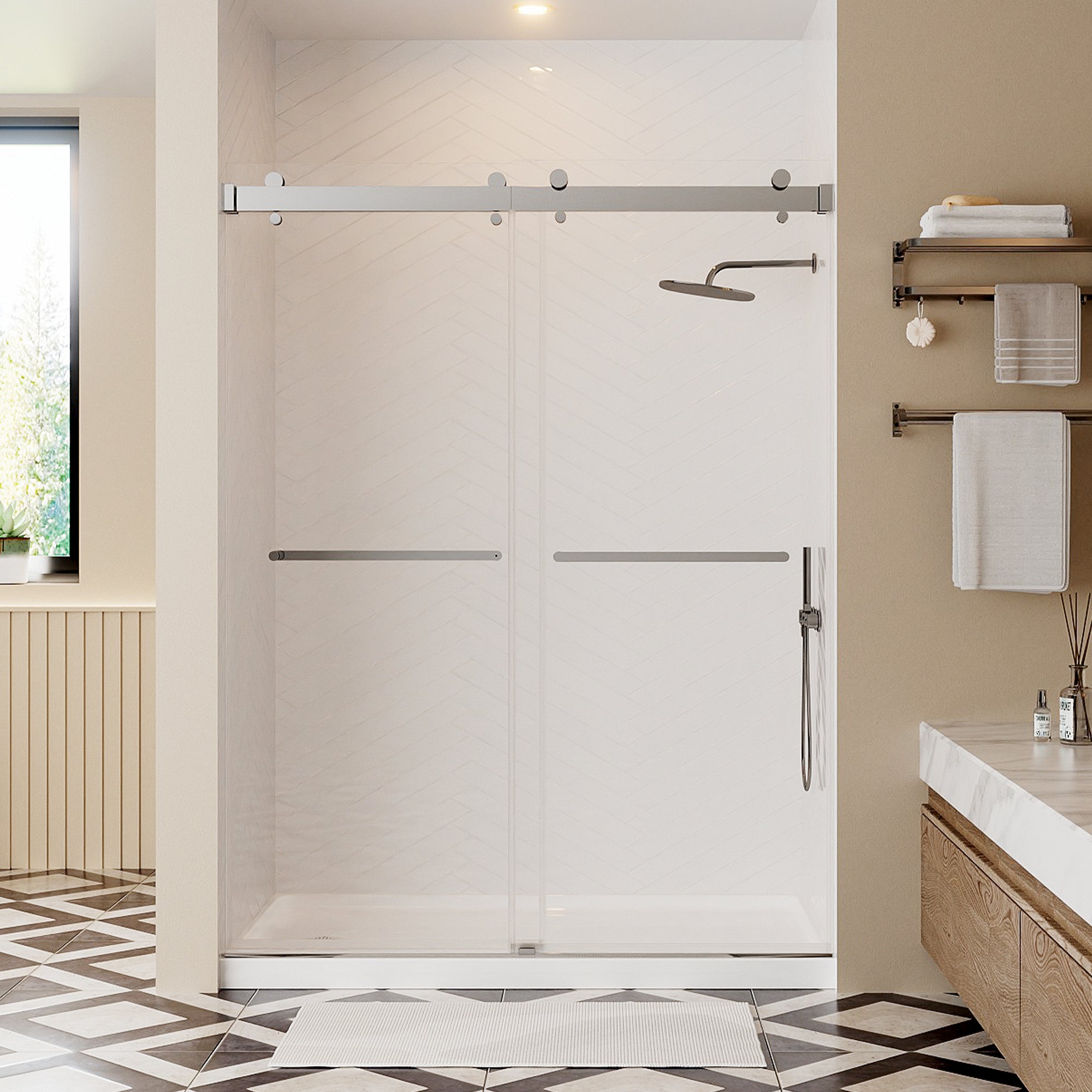 56-60 Inches Width × 76 inches Height Double Sliding Frameless Shower Door With 3/8 inches (10mm) Clear Tempered Glass, Chrome Finish