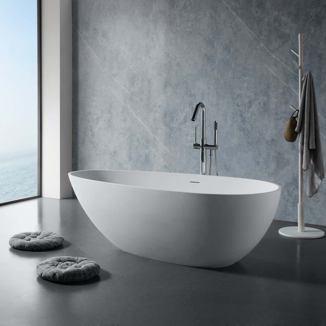 59" Luxury Handcrafted Stone Resin Freestanding Soaking Bathtub with Overflow in Matte White, cUPC Certified - 24S02-59MW