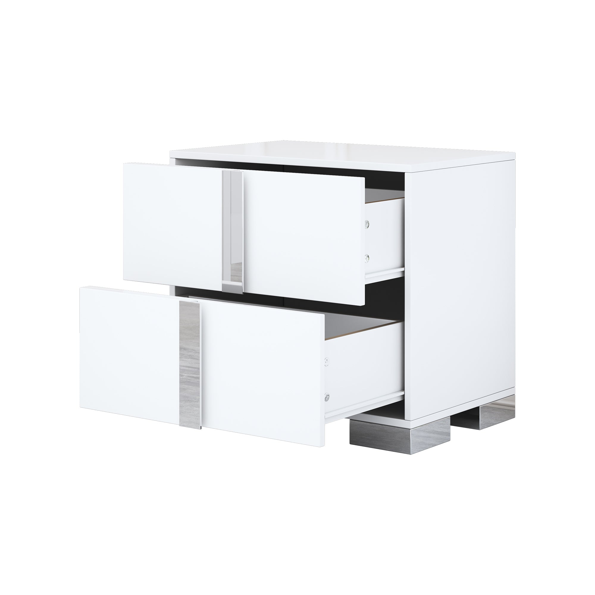 White mirrored nightstand with metal legs, room setting view