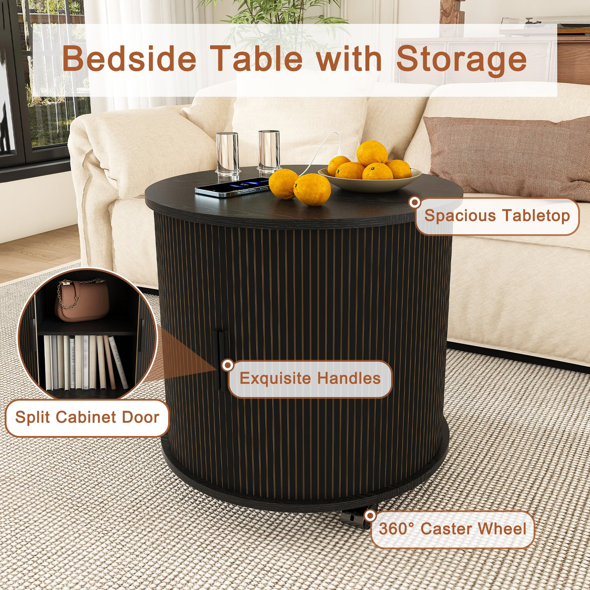 Cylinder nightstand black sliding door open showing storage compartment