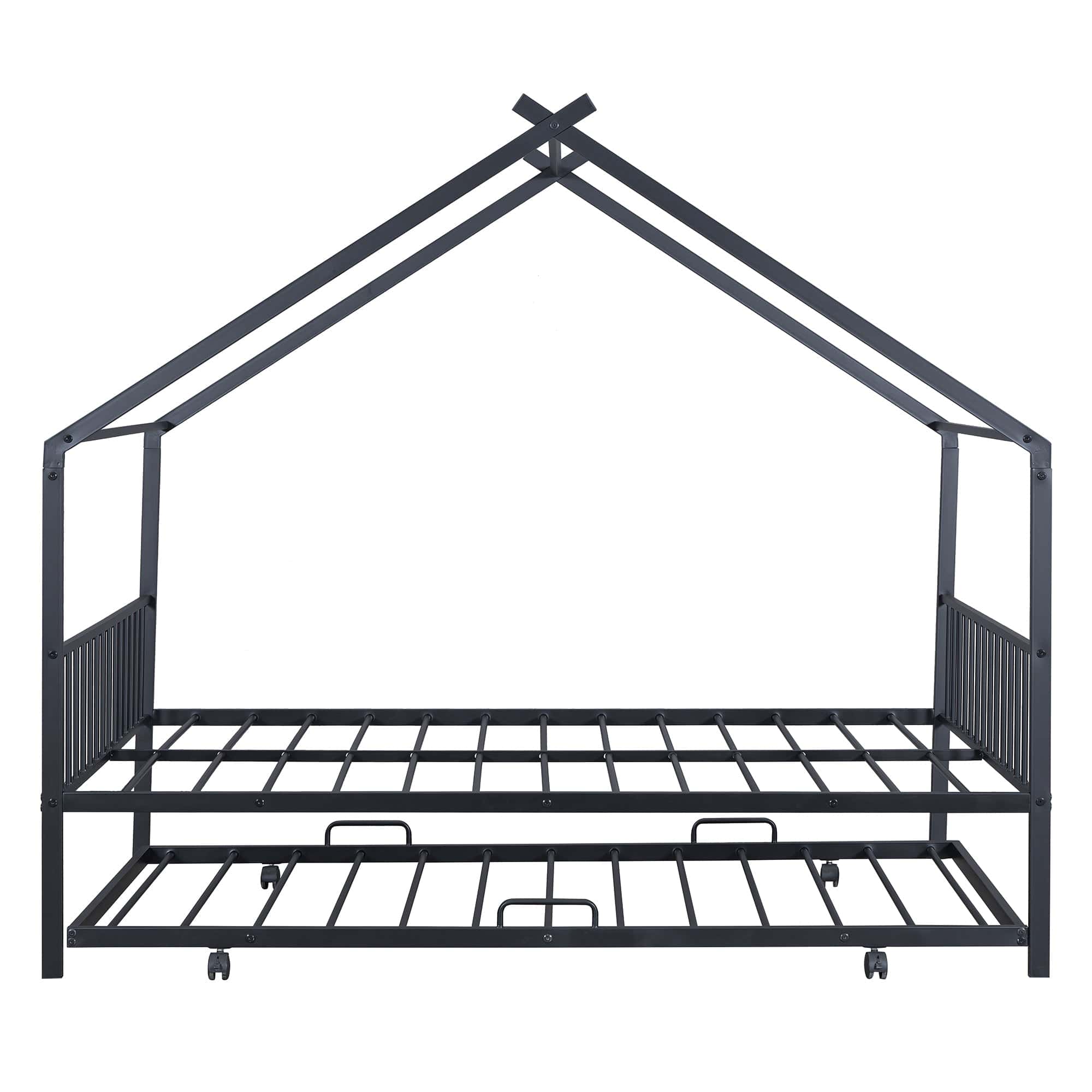 Full Size Metal House Bed with Twin Size Trundle, Black