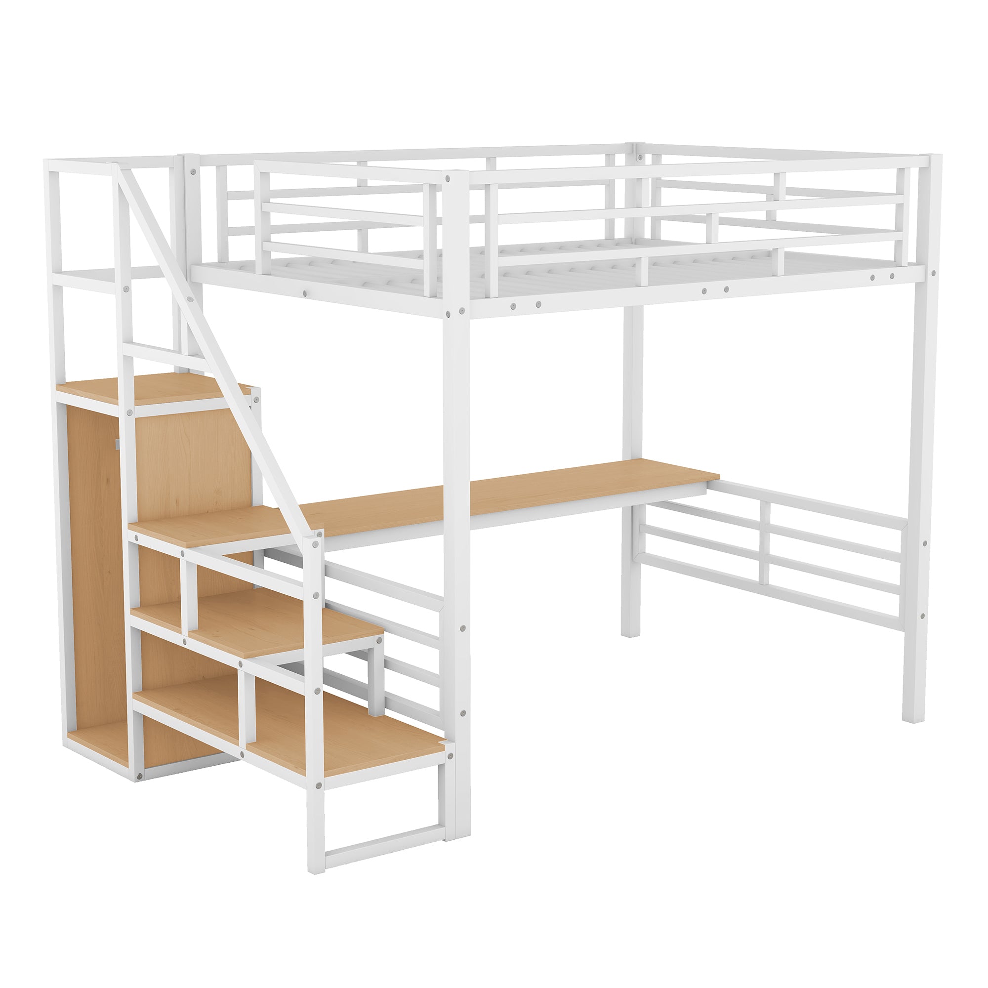 Full Size Metal Loft Bed with Desk, Storage Staircase and Small Wardrobe, Storage stairs can be installed left and right, White