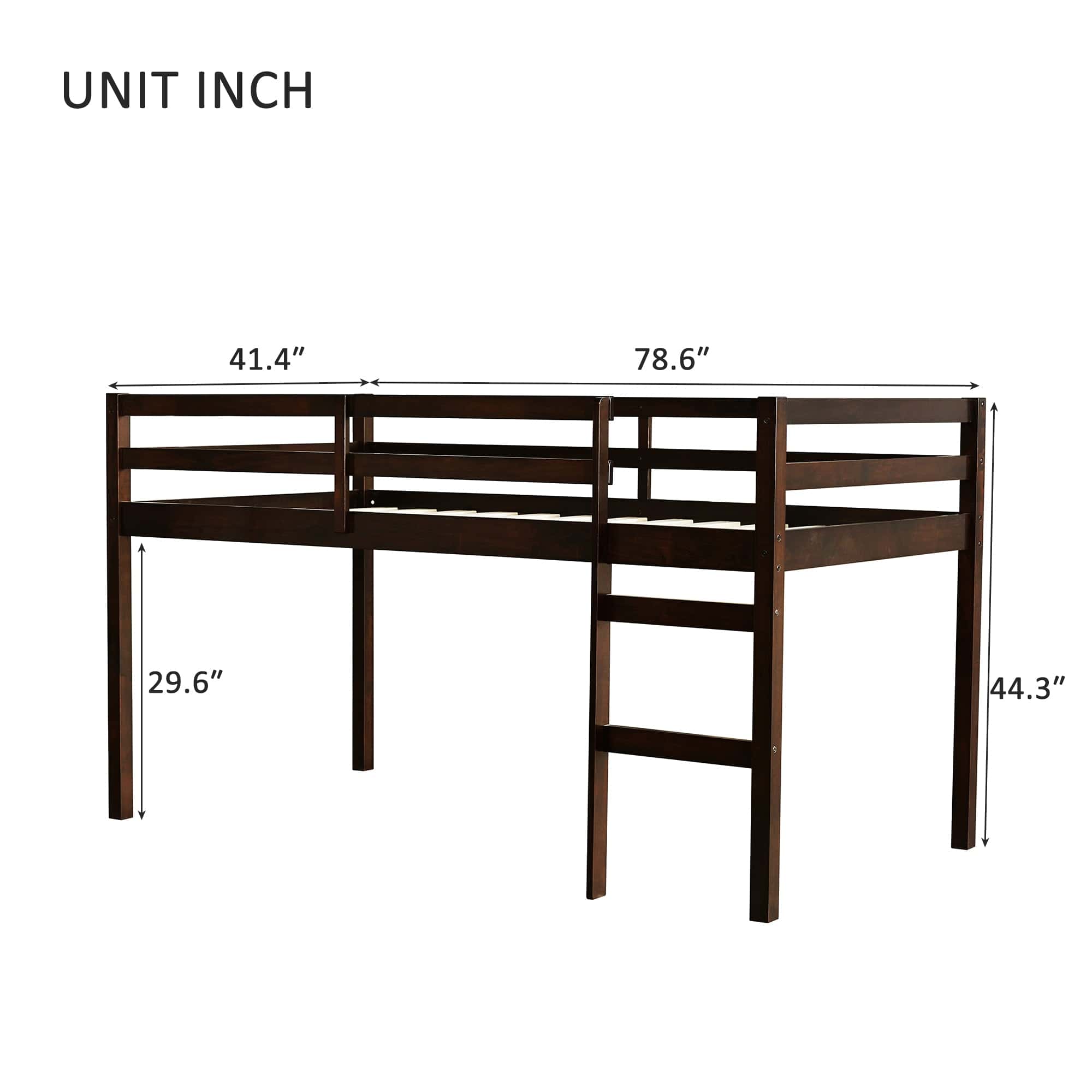 Solid Wooden, Rubber Wooden Twin Loft Bed with Ladder, Bed Platform of Strengthened Slats , Espresso