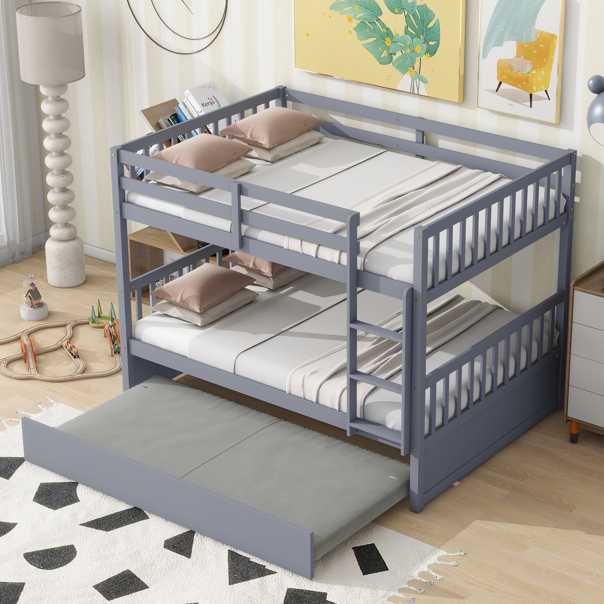 Grey rubber wood bunk bed converted to two full size beds
