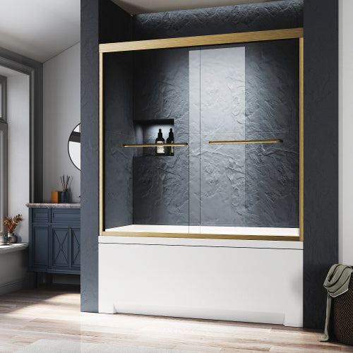 Brushed gold semi-frameless 56-60 in. sliding bathtub shower door, front view