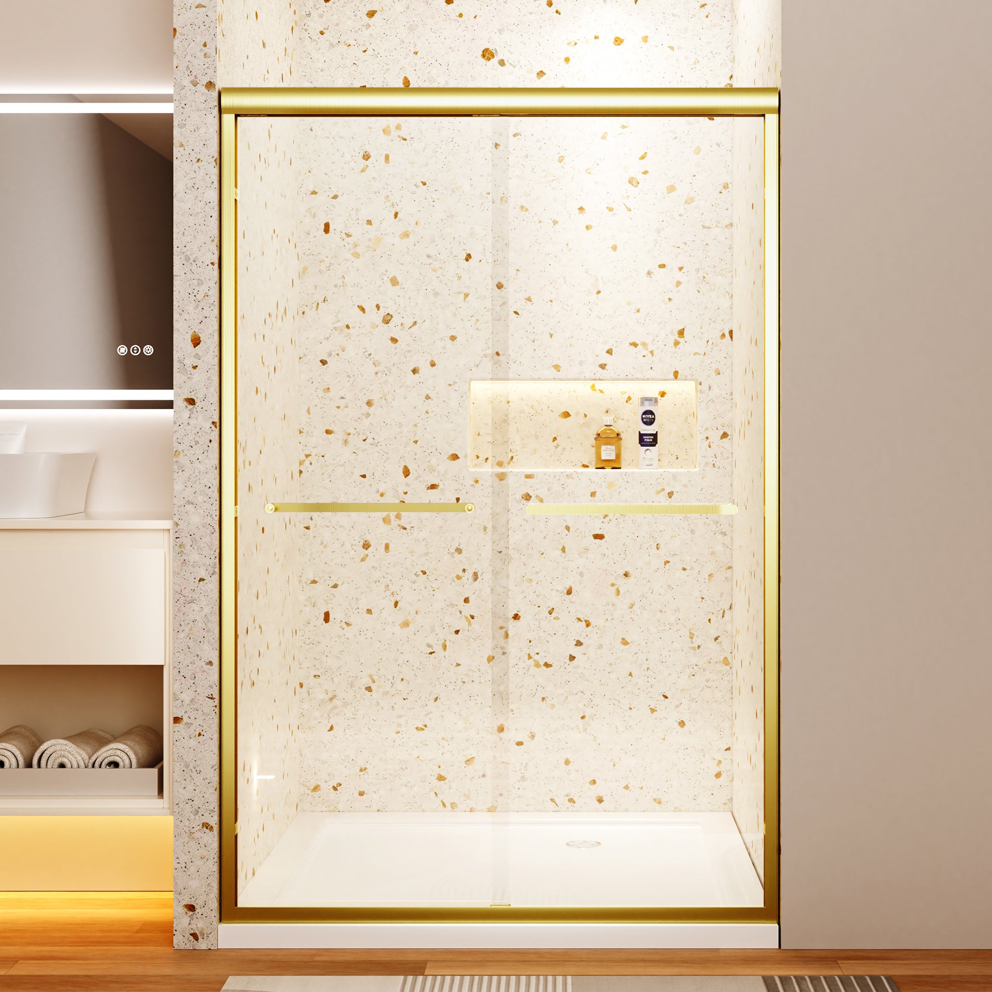 Brushed gold double sliding shower door, 44-48 inch, angled view
