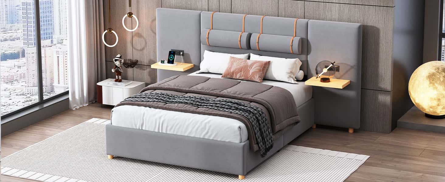Full size upholstered platform bed with two outlets and USB charging ports on both sides, two bedside pillows, storage shelf, Velvet,Gray