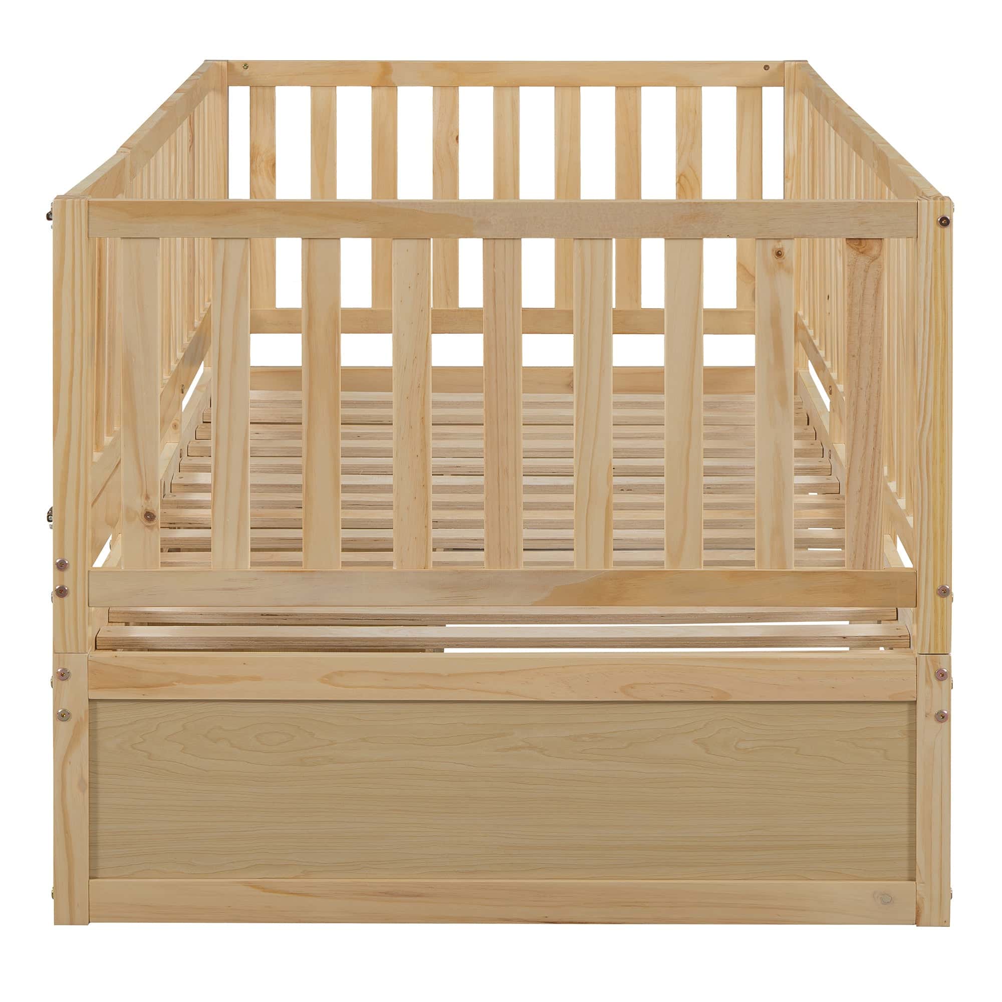 Twin Size Wood Daybed with Fence Guardrails and 2 Drawers, Split into Independent Floor Bed & Daybed, Natural(OLD SKU :LP000881AAN)