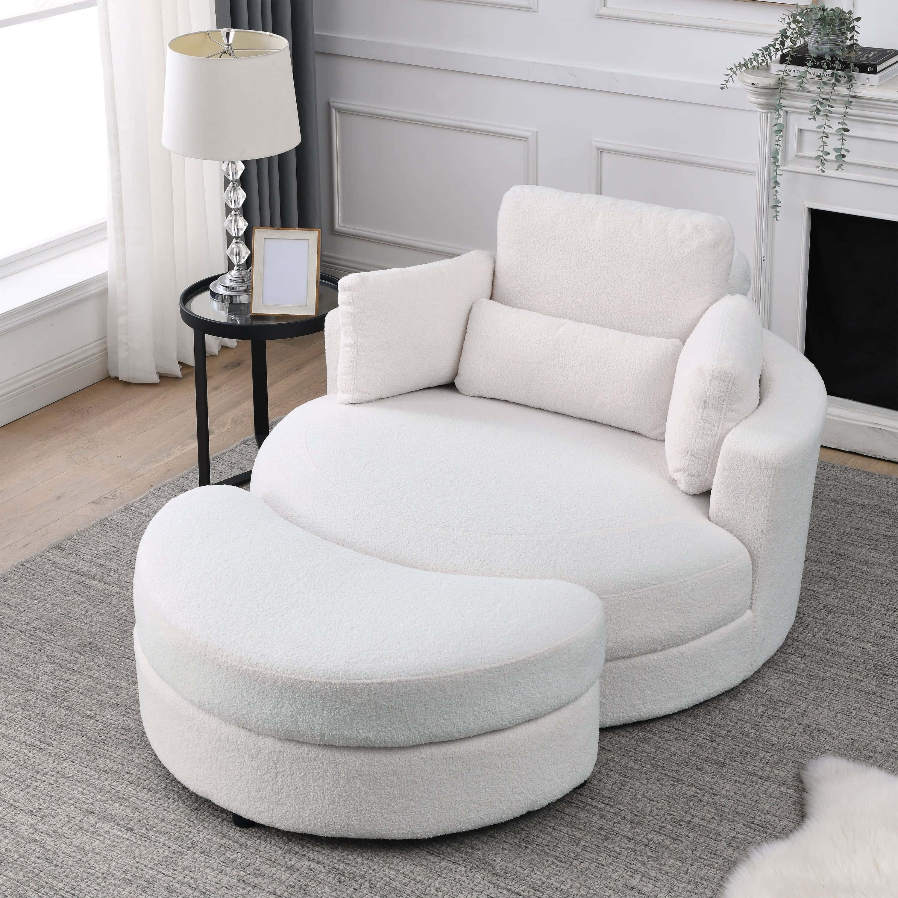 Welike Swivel Accent Barrel Modern Sofa Lounge Club Big Round Chair with Storage Ottoman Linen Fabric for Living Room Hotel with Pillows,Teddy White (Ivory)