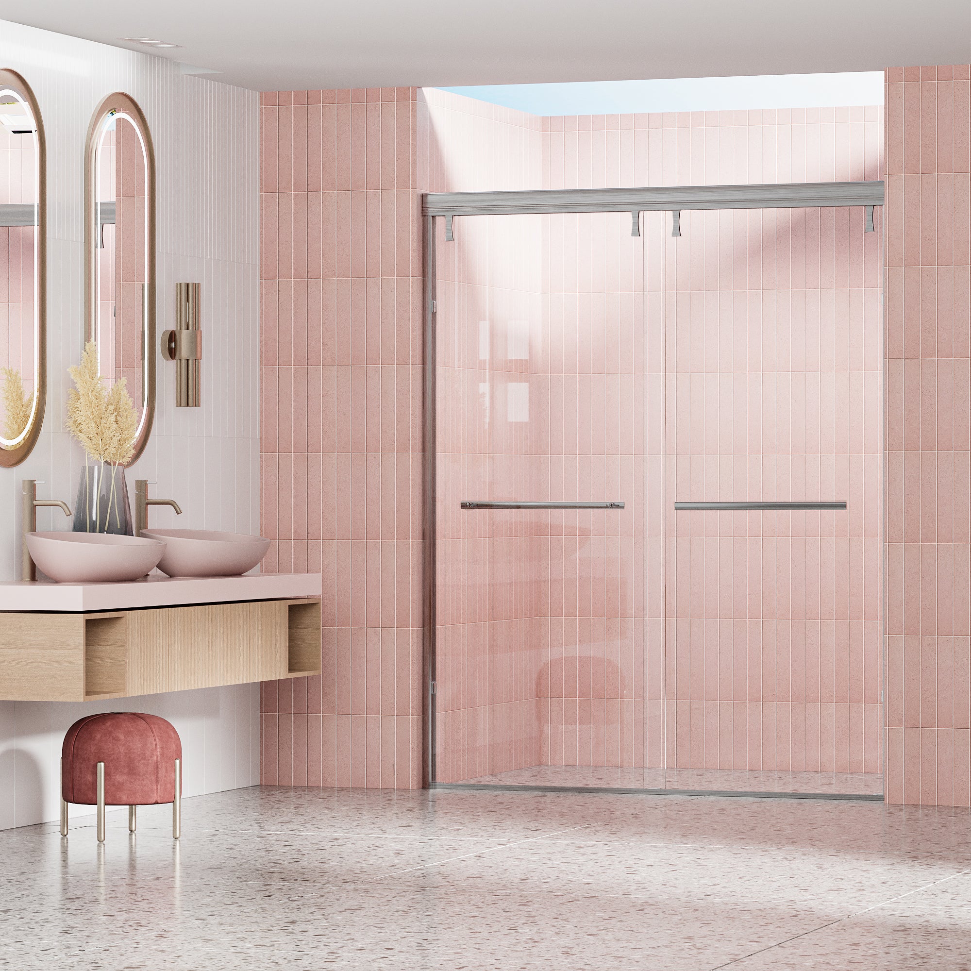 56 - 60 in. W x 72 in. H Semi-Frameless Shower Door, Double Sliding Shower Door, 1/4" (6mm) Clear Tempered Glass Shower Door with Explosion-Proof Film, Brushed Nickel 24D212S-60BN