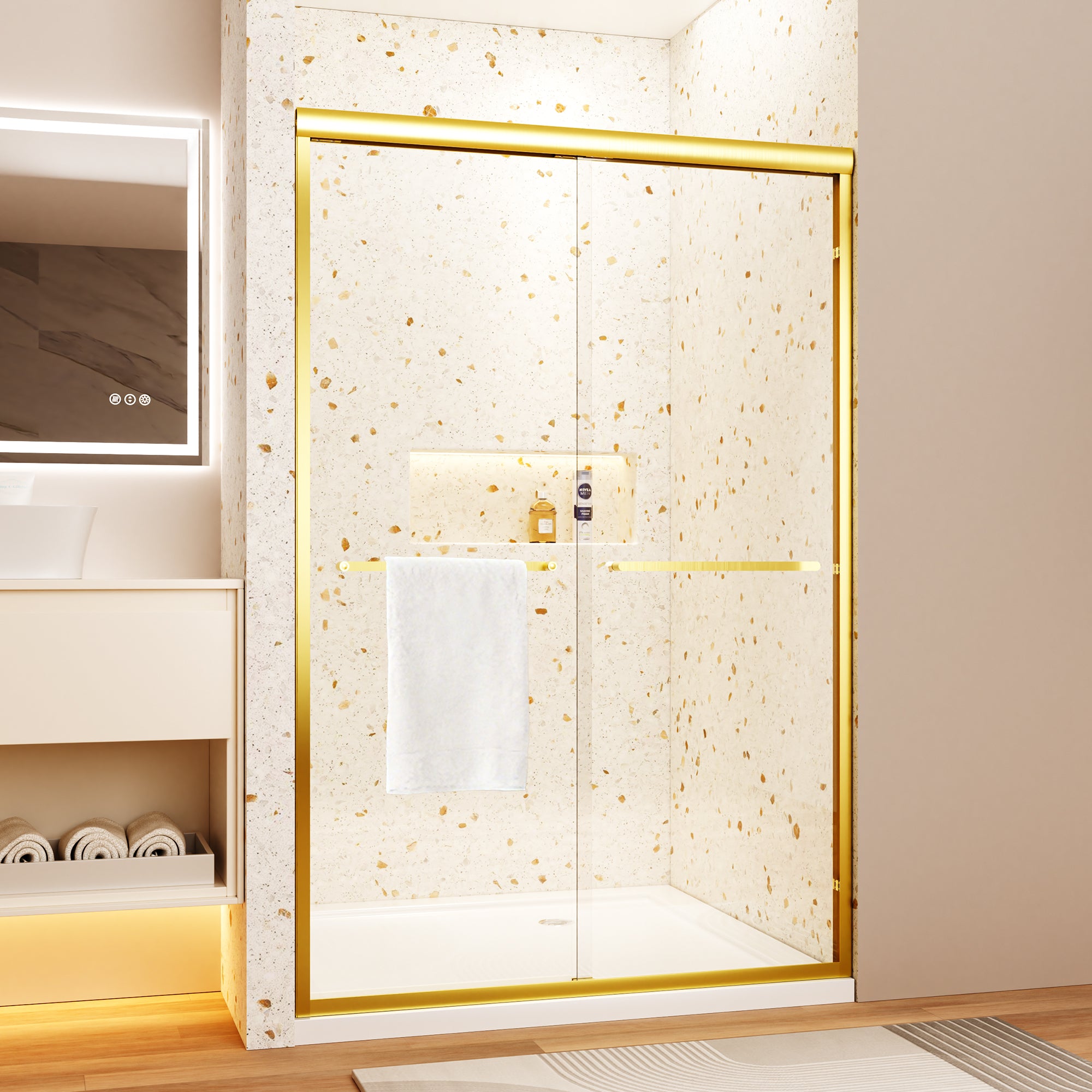 Brushed gold double sliding shower door, 44-48 inch, front view