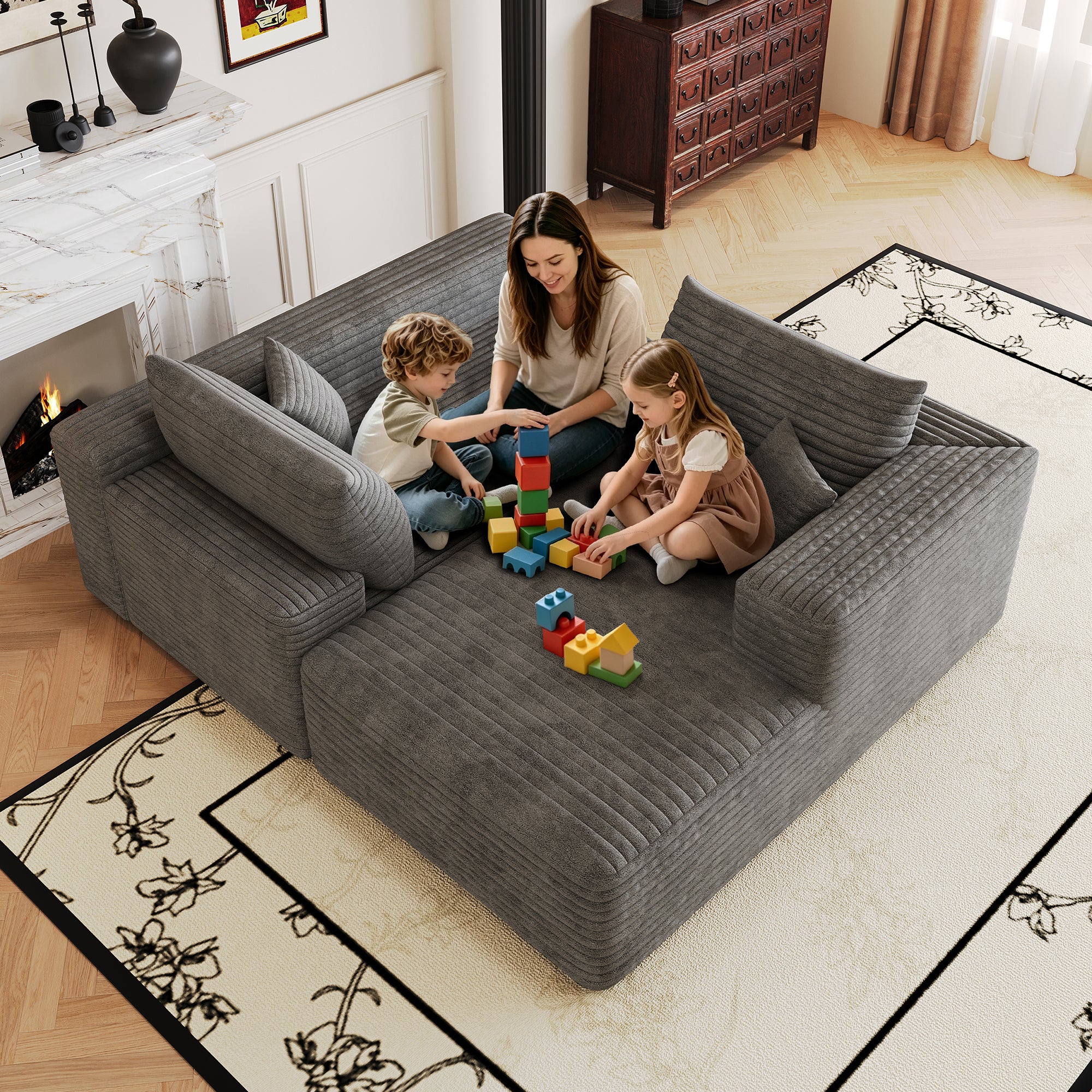 Deep-seat dark grey L-shaped corner sofa, side view