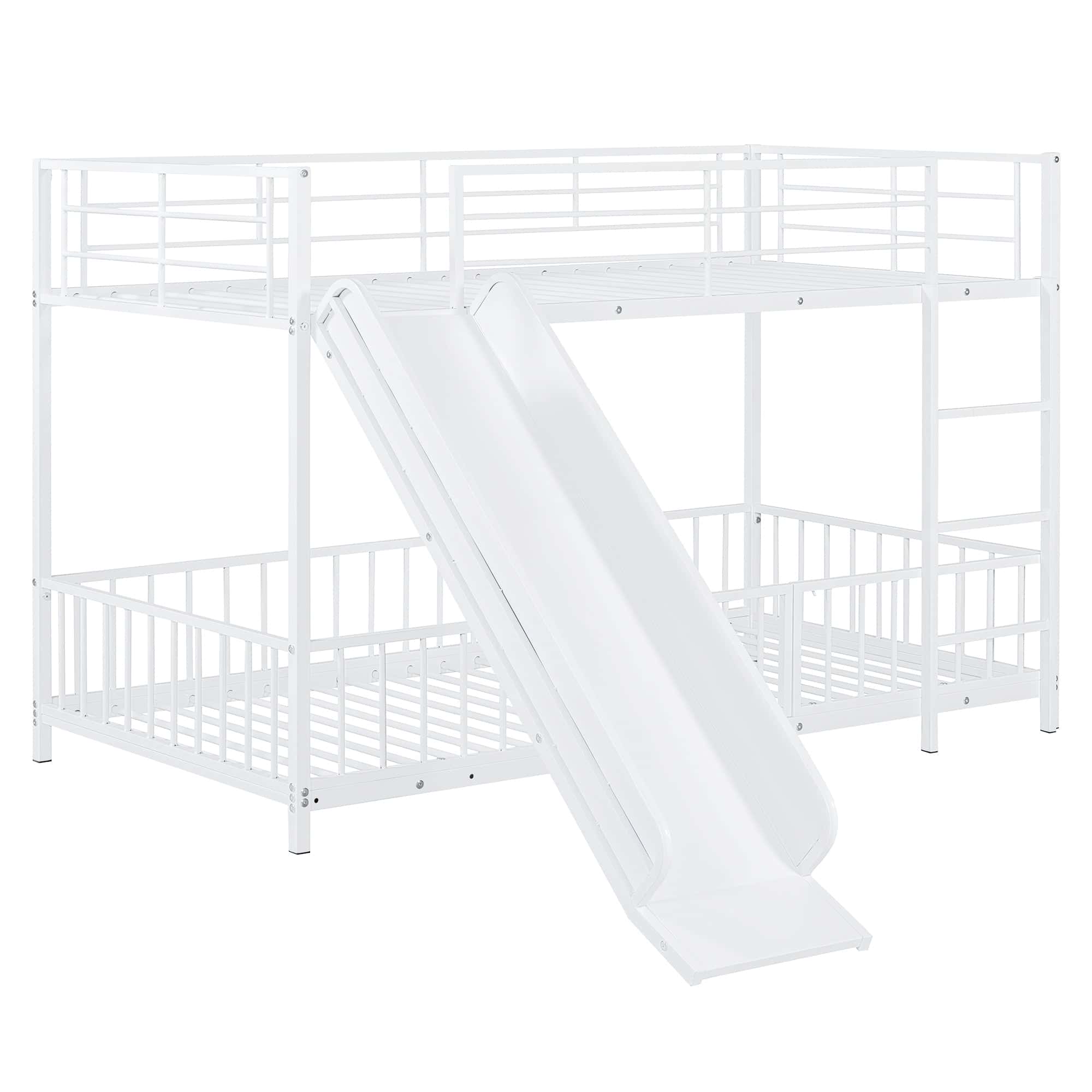 Twin over Twin Size Metal Bunk Bed with Slide and Guardrails, White