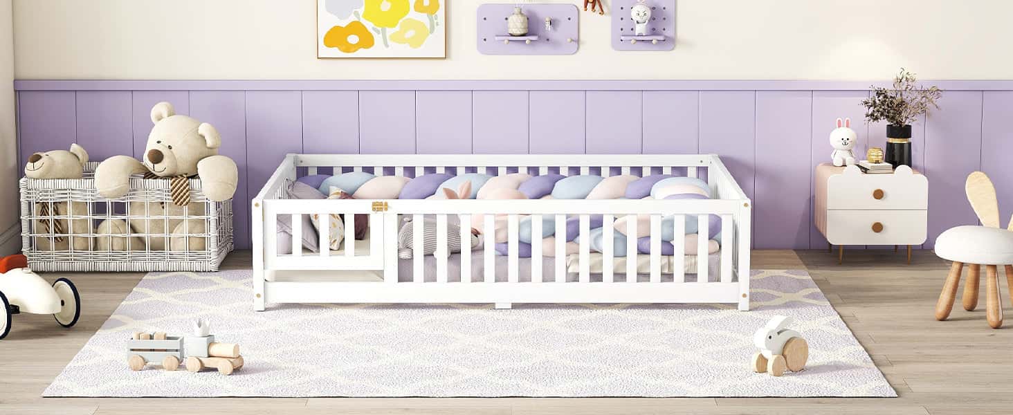 Full Size Bed Floor Bed with Safety Guardrails and Door for Kids, White(Old SKU: W158090689)