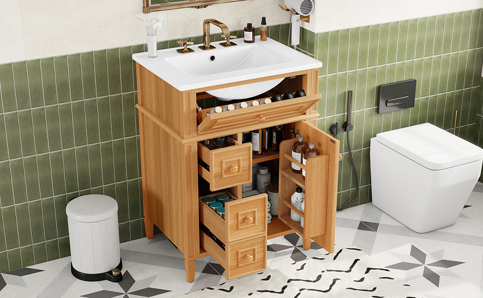 24-inch wood vanity with flip-out drawer open, storage view