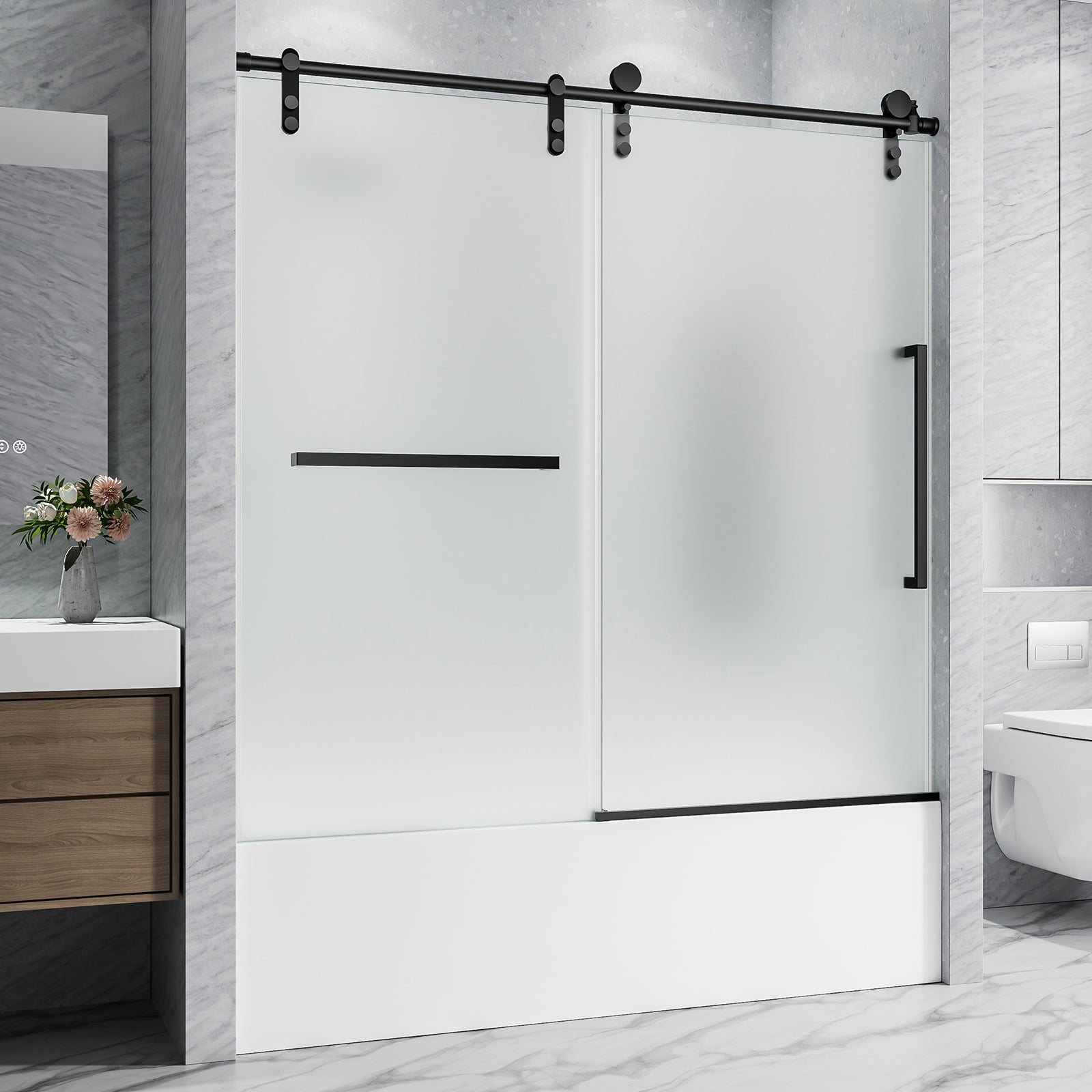 60 x 60 in Frameless Single Sliding Tub Door - 60 x 60 in / Frosted Glass / Matte Black view 2