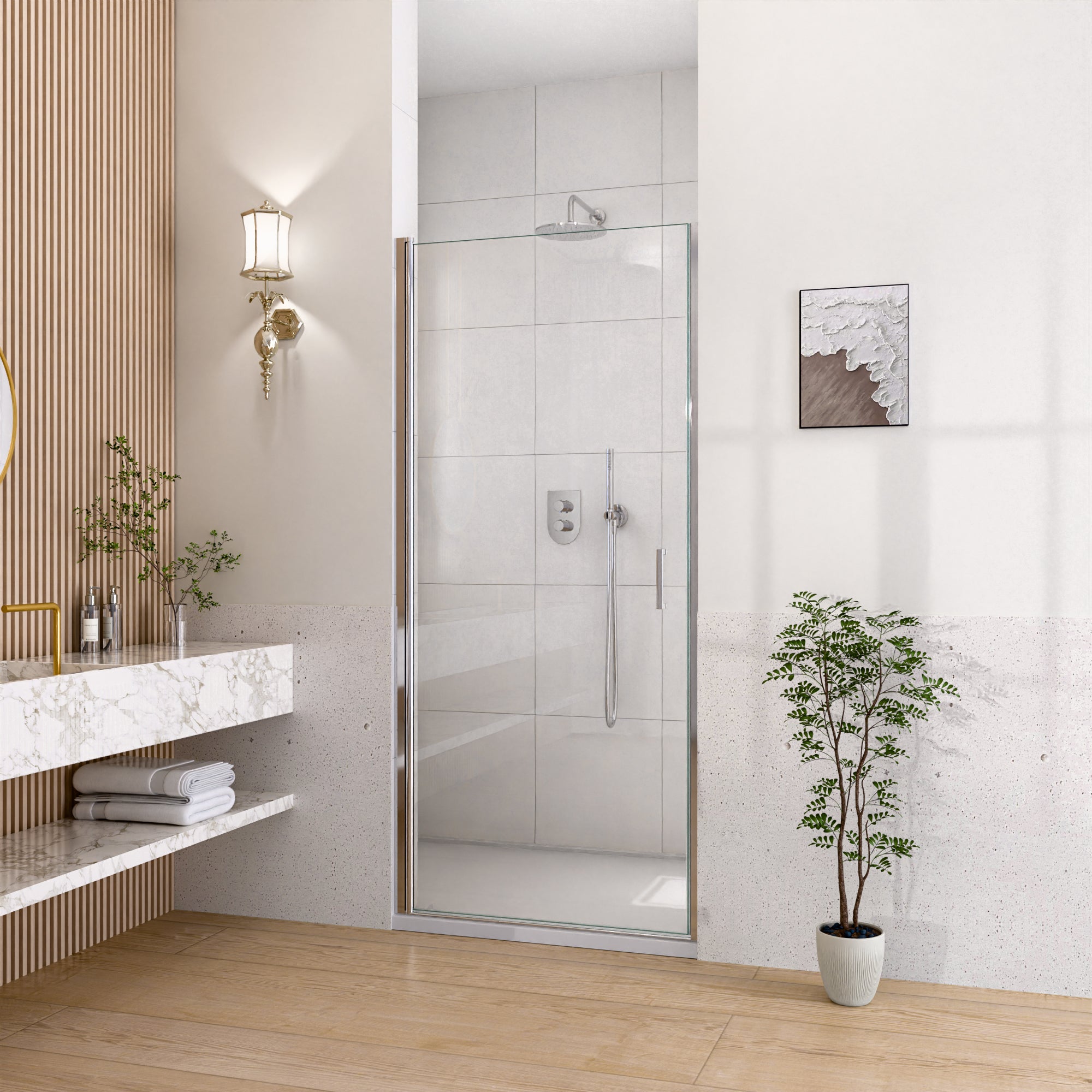 24 in. x 72 in. chrome pivot shower door angled view