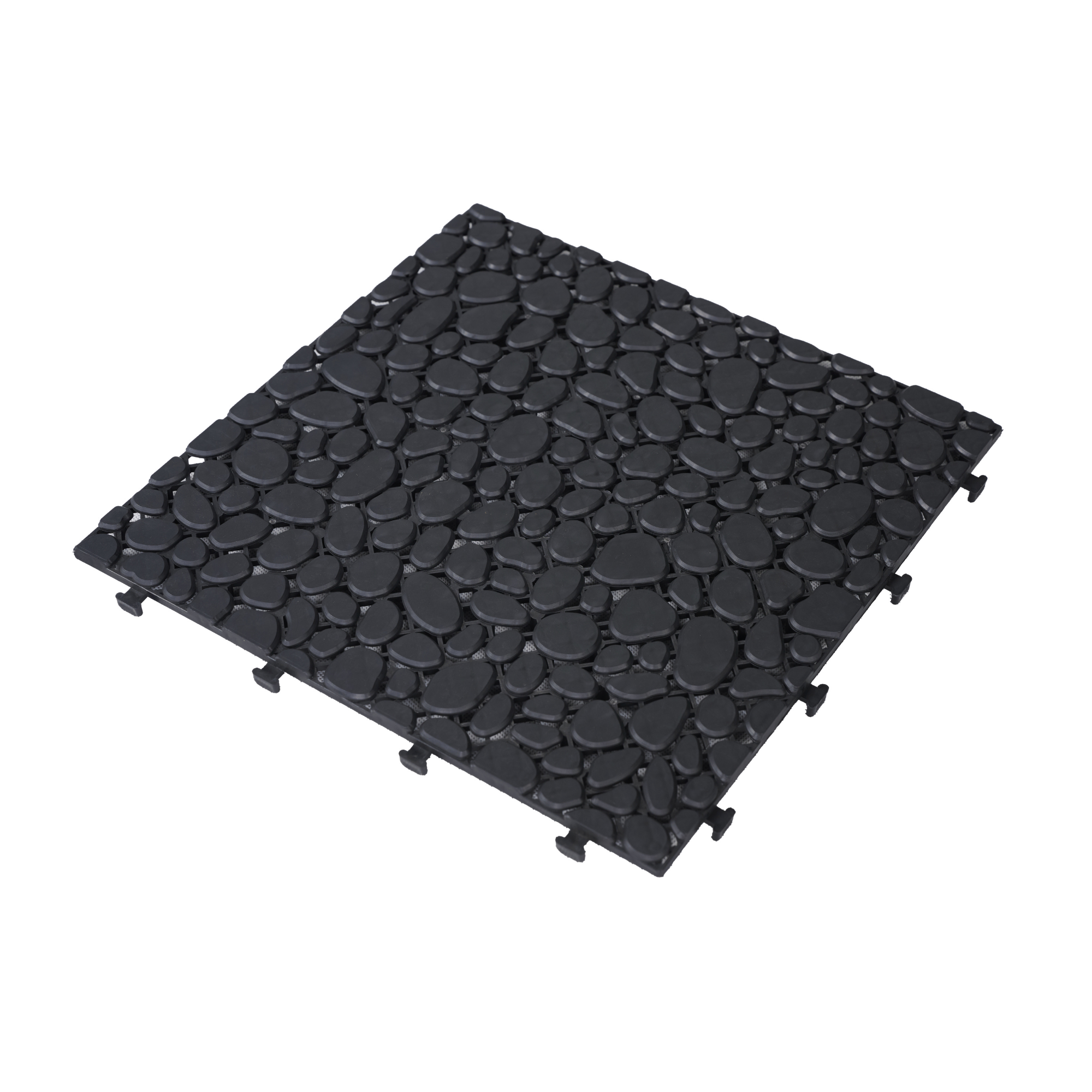 12 x 12 Inch Black Interlocking Deck Tiles Plastic Waterproof Outdoor All Weather Anti-slip Bathroom Shower Balcony Porch Strong Weight Capacity Upto 440 LBS, Pebble Stone Pattern Pack of 24