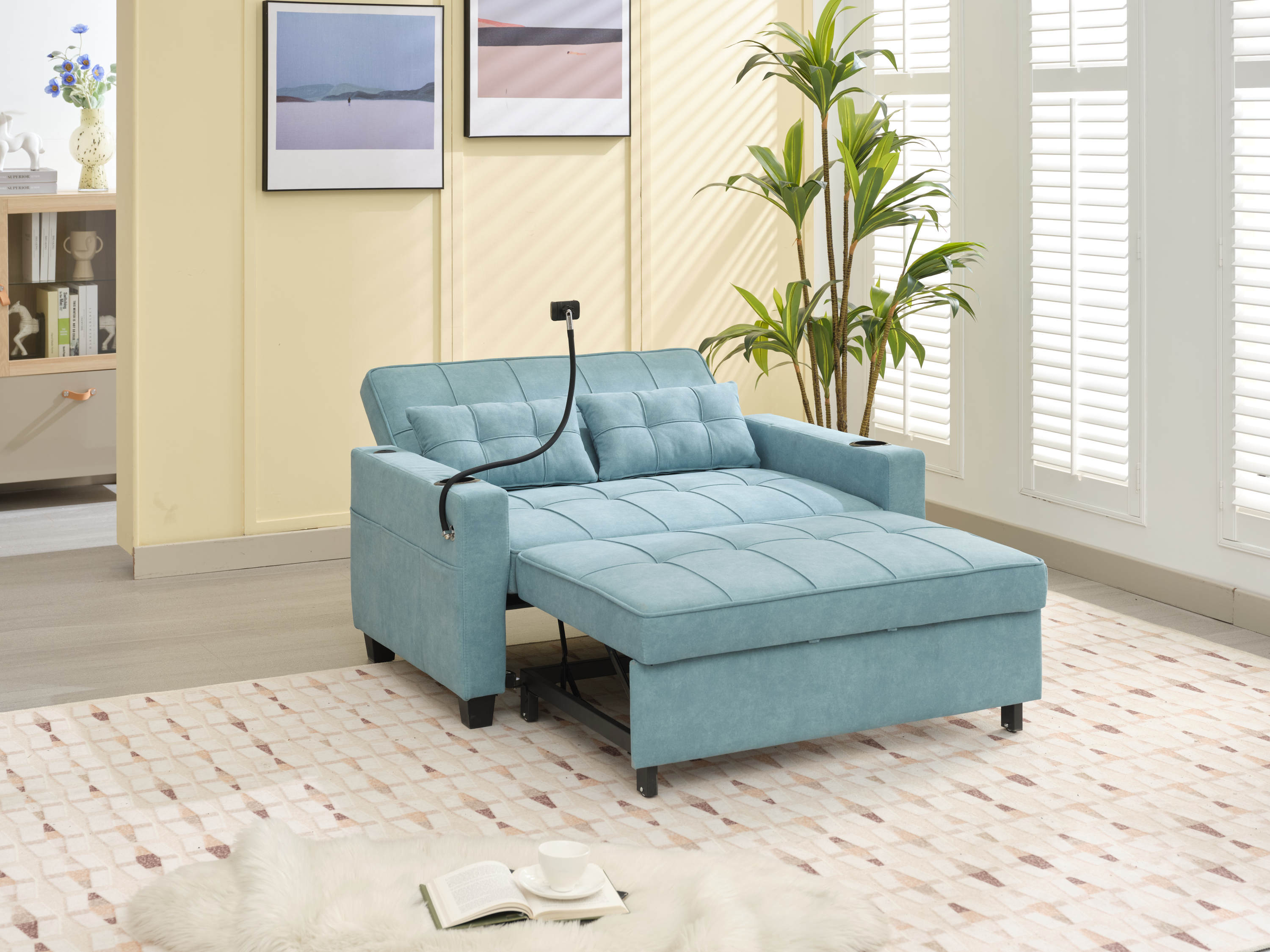 Futon Chair Bed Convertible Chair 3-in-1 Pull Out Sleeper Chair Beds with USB Ports,Wear-resistant and Anti-scratch, Armchair Bed Sleeper for Living Room (Green Tech cloth)