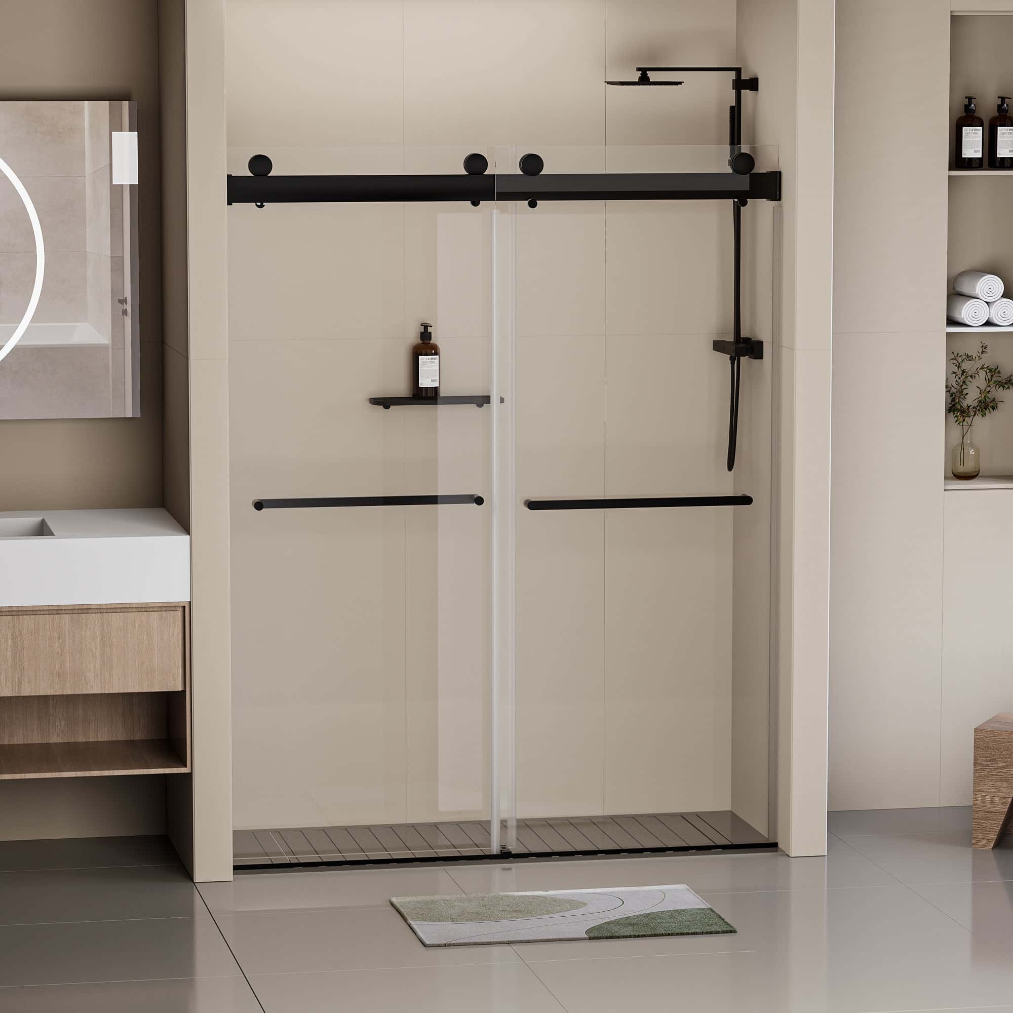 Frameless Soft-closing Shower Door, Double Sliding Shower Door, 44-48"W x 76"H 5/16" (8mm) Clear Tempered Glass Shower Door with Explosion-Proof Film, Matte Black 24D213-48MB