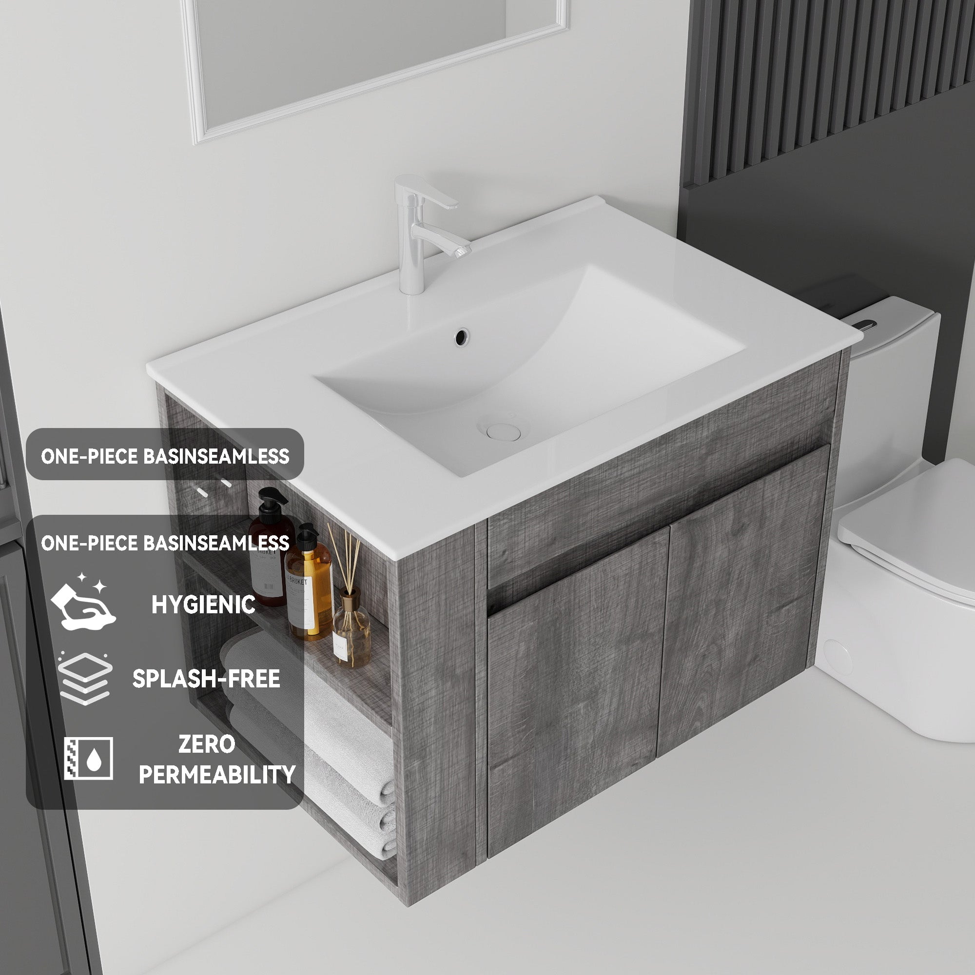Ceramic sink basin detail on grey floating bathroom vanity