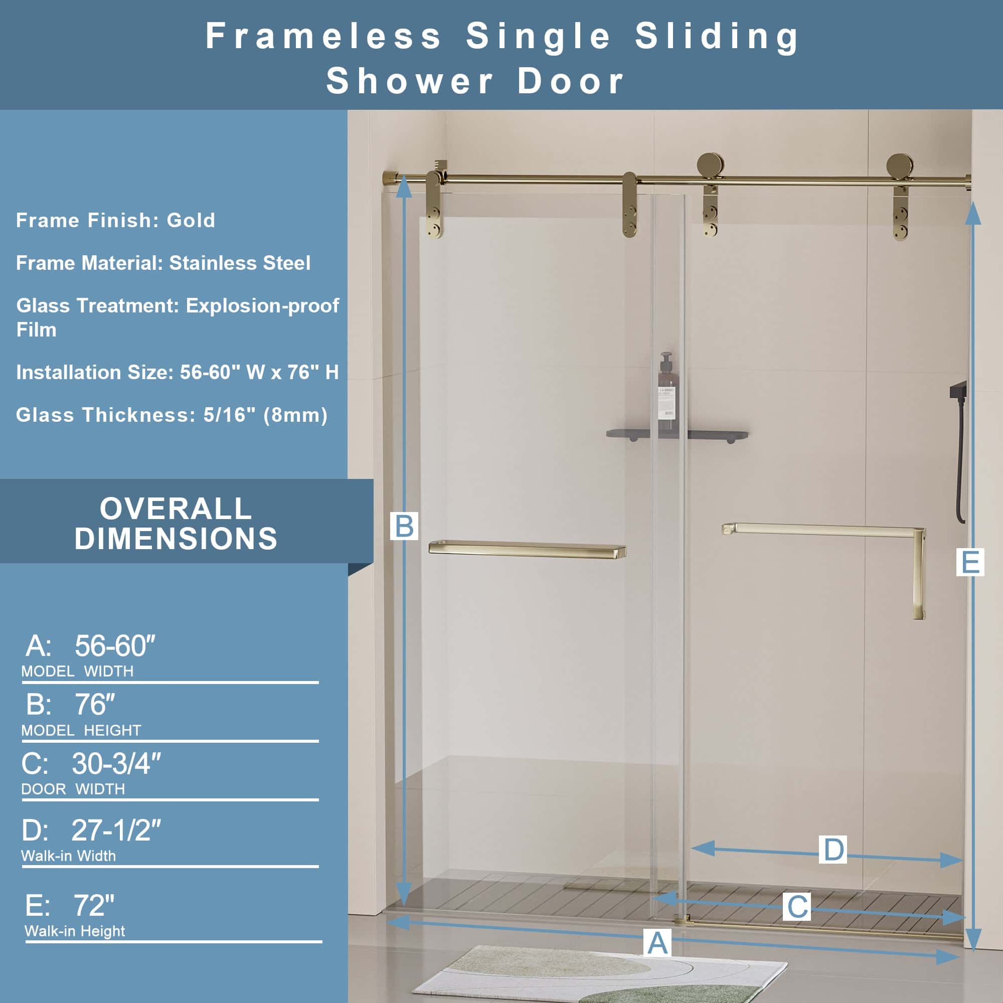 56-60"W x 76"H Frameless Shower Door, Single Sliding Shower Door, 5/16" (8mm) Clear Tempered Glass Shower Door with Explosion-Proof Film, Stainless Steel Hardware, Gold 24D210-60G-COMBO