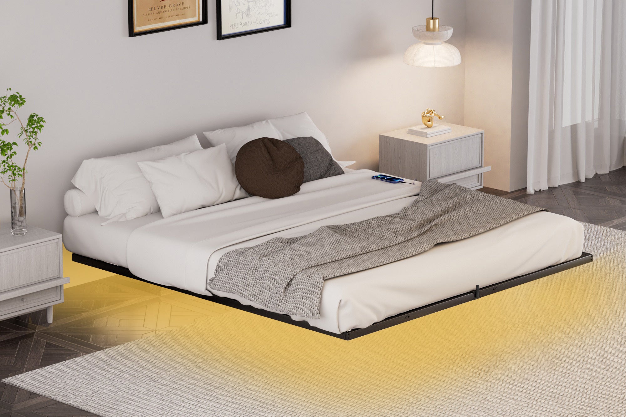 Floating Bed Frame King Size with LED Lights & charging station, Metal Platform Queen Bed, 79.9'' L x 76.2'' W x 7.9'' H.