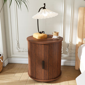 Walnut mid-century cylinder nightstand end table, front view