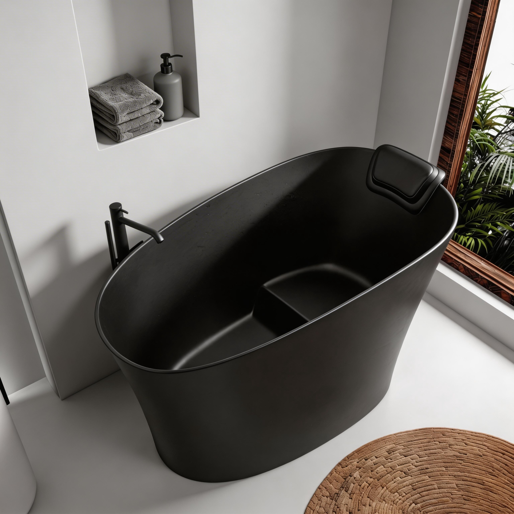 Black oval freestanding solid surface bathtub, angled side view