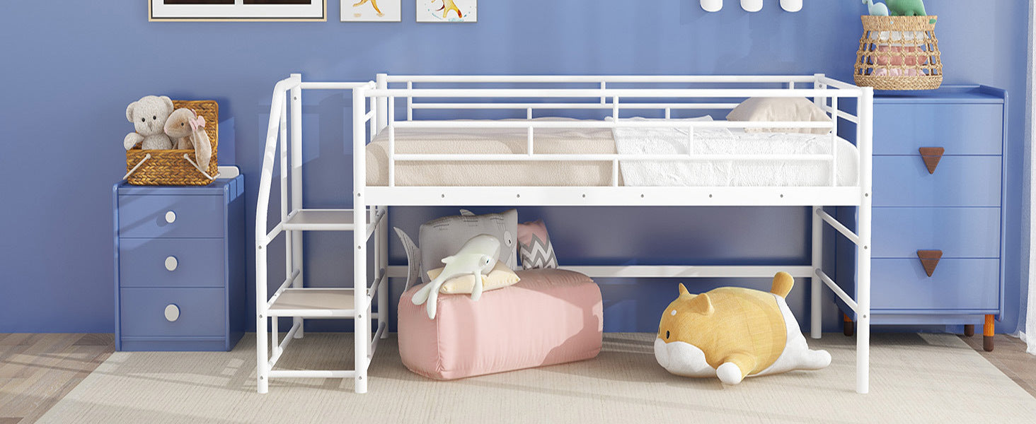 Mid Loft Bed with Storage stairs, Twin, White