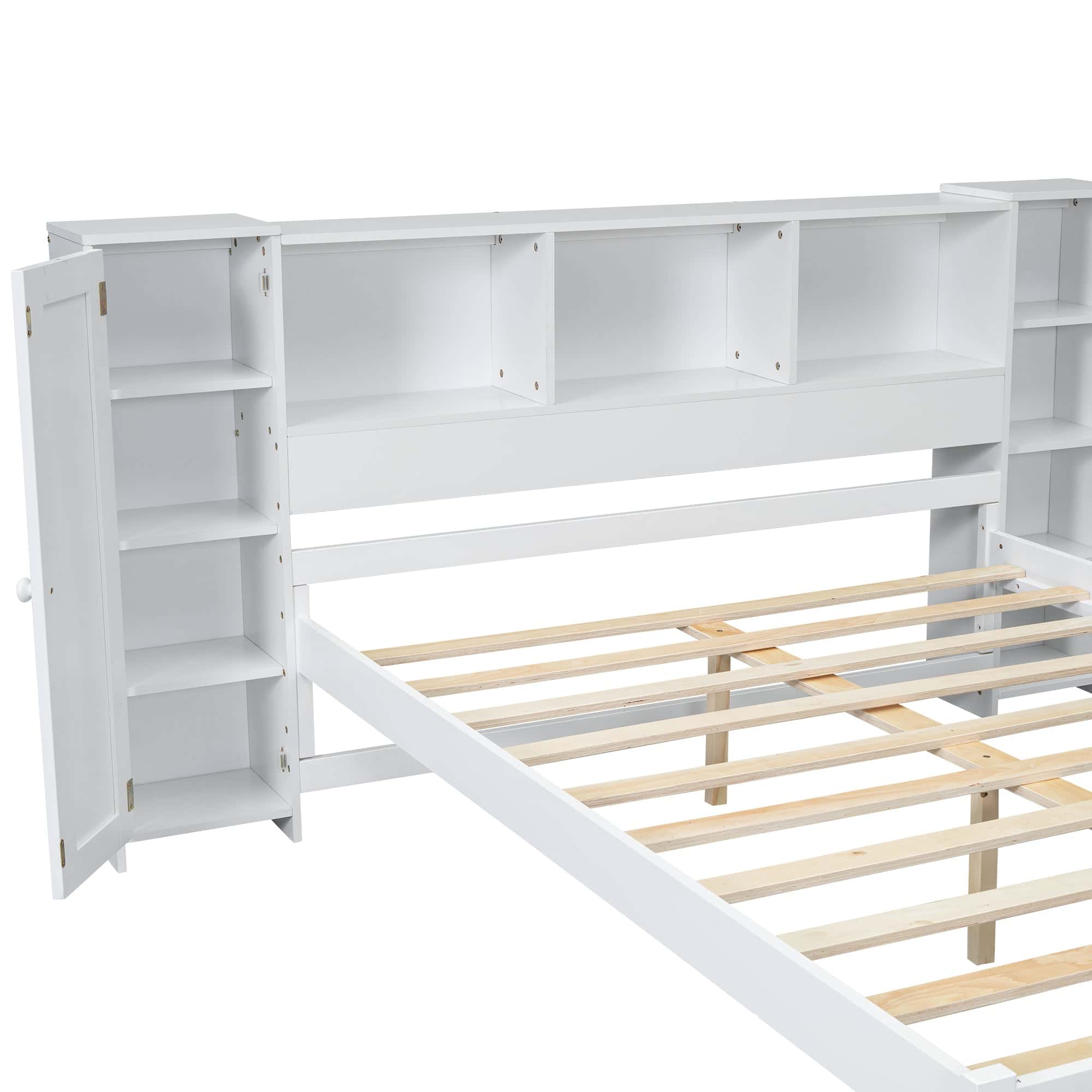 Full Size Platform Bed with Storage Headboard and Lockers, White