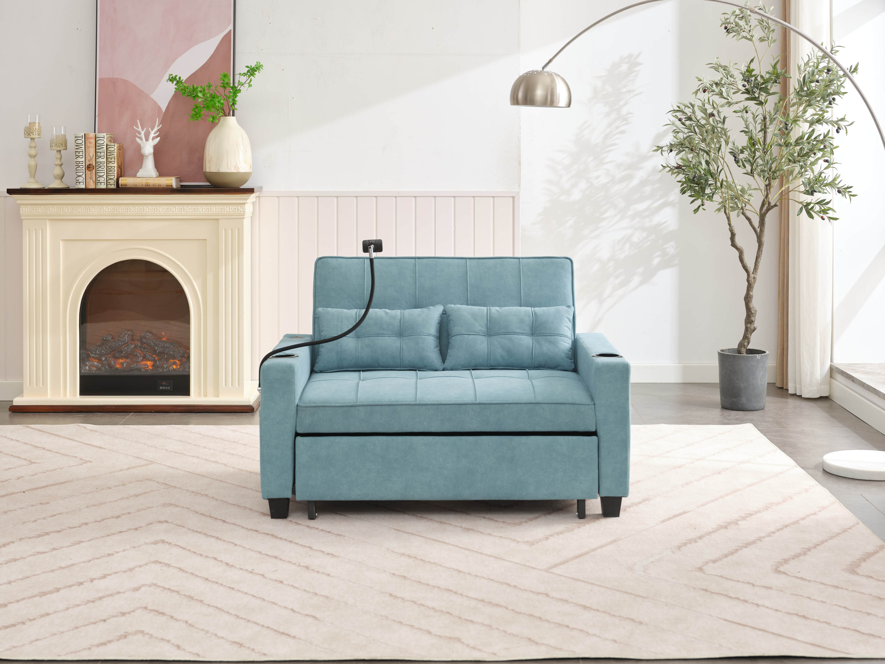 Futon Chair Bed Convertible Chair 3-in-1 Pull Out Sleeper Chair Beds with USB Ports,Wear-resistant and Anti-scratch, Armchair Bed Sleeper for Living Room (Green Tech cloth)