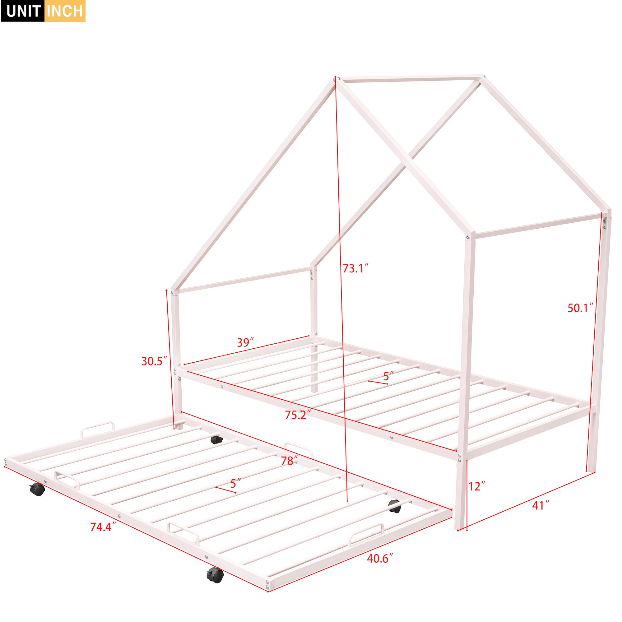 Metal House Bed With Trundle, Twin Size House Bed Pink